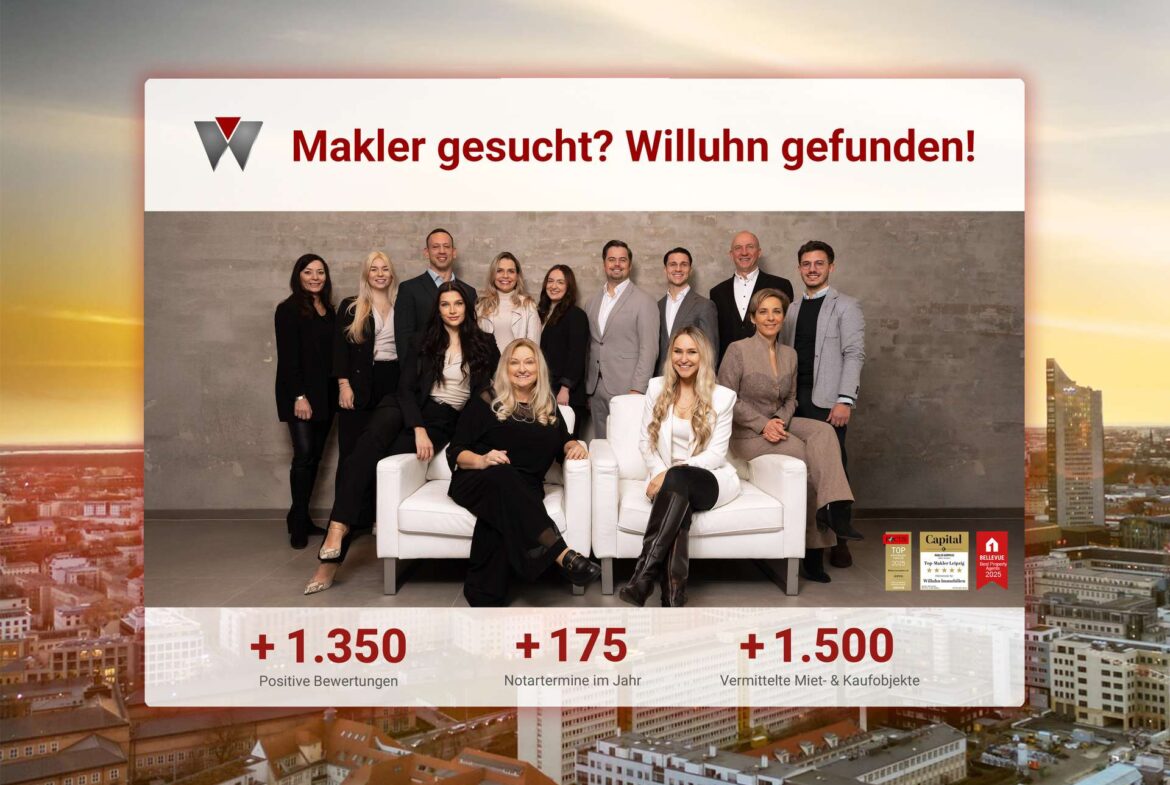 Group of smiling real estate professionals on a recruitment banner reading 'Makler gesucht? Willuhn gefunden!' with a city skyline background