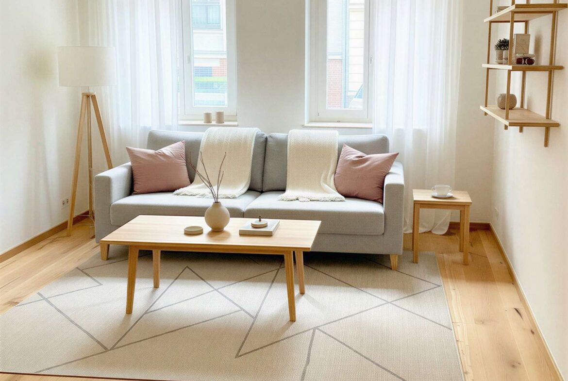 Bright living room with a light gray sofa, pink throw pillows, and white blankets, flanked by large windows with sheer curtains. A wooden coffee table and rug with geometric lines anchor the space.