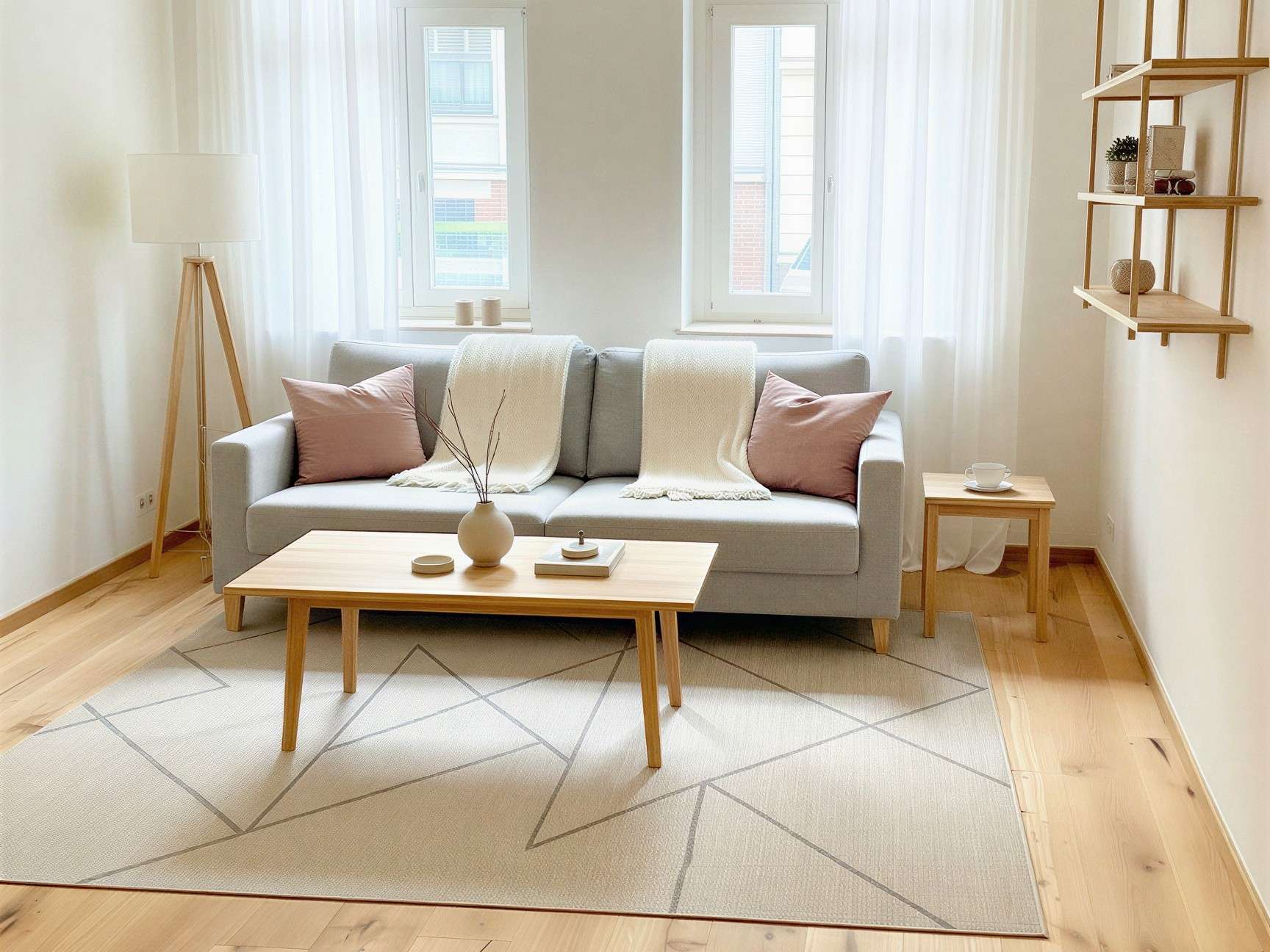 Bright living room with a light gray sofa, pink throw pillows, and white blankets, flanked by large windows with sheer curtains. A wooden coffee table and rug with geometric lines anchor the space.