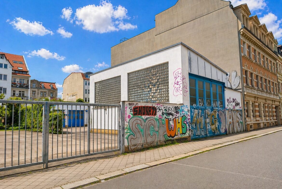 Urban street scene with a graffiti-covered wall, metal fence gate, and nearby beige/white buildings under a blue sky.