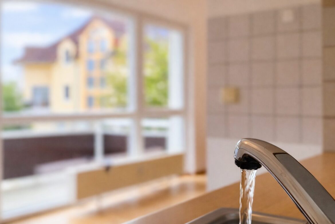 Close-up of a chrome kitchen faucet with water flowing into a sink; a bright room with a large window is blurred in the background.