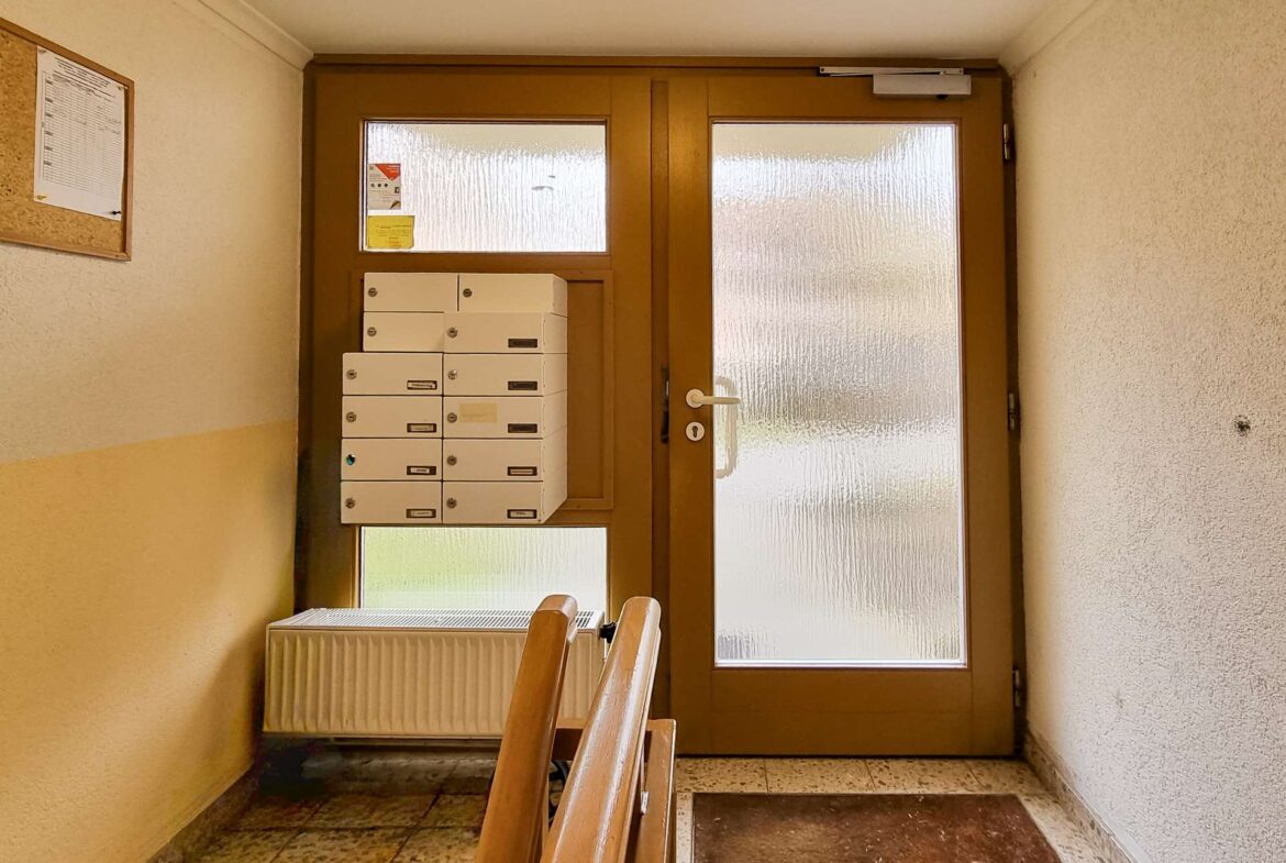 Interior stairwell with white mailboxes on the left, a brown wooden door with frosted glass panels, and a radiator below.