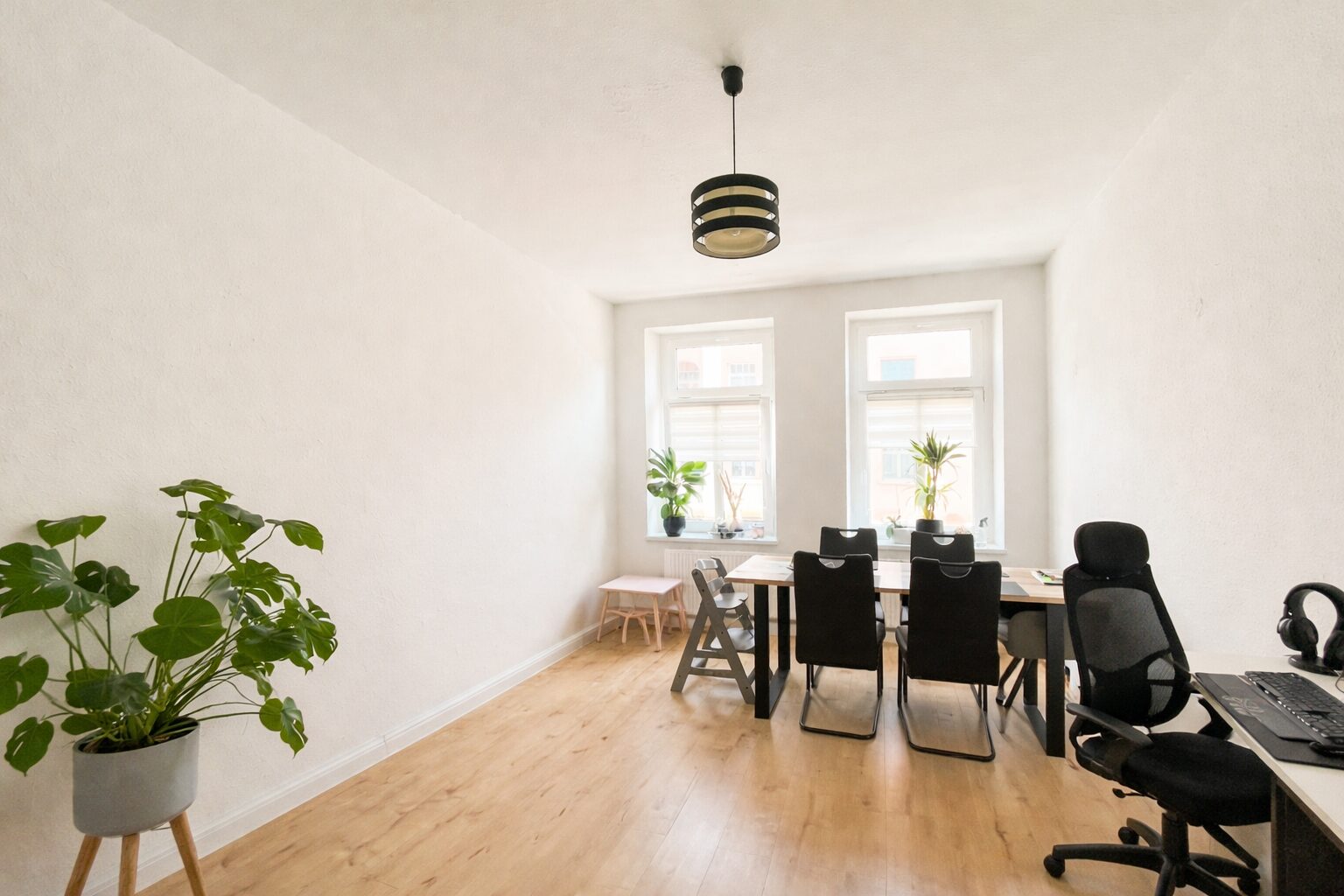Bright minimalist home office with a wooden table and six black chairs by two windows, plants on the sill.