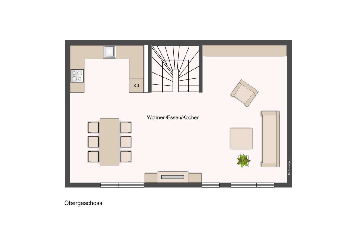 Floor plan of the upper floor showing living, dining, and kitchen areas with a central staircase and seating arrangement in beige.