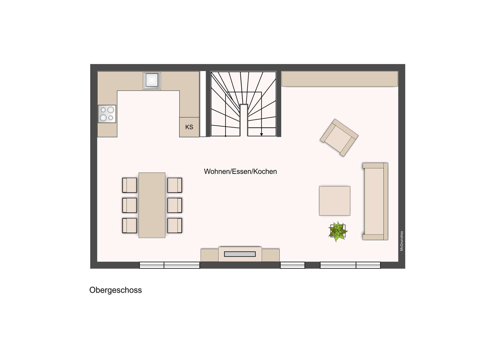 Floor plan of the upper floor showing living, dining, and kitchen areas with a central staircase and seating arrangement in beige.
