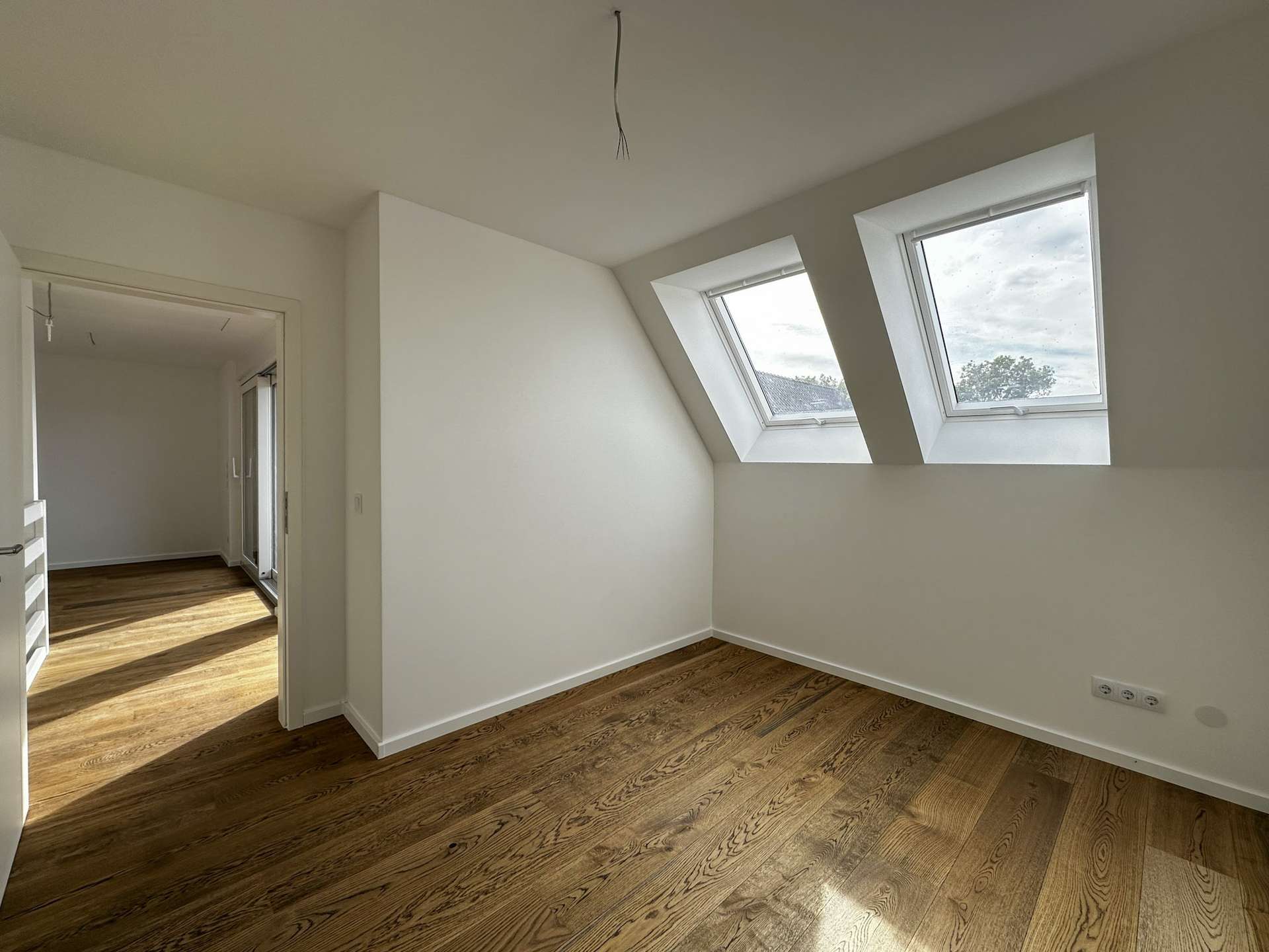 Empty attic/loft room with two skylights in a sloped ceiling and hardwood floor.