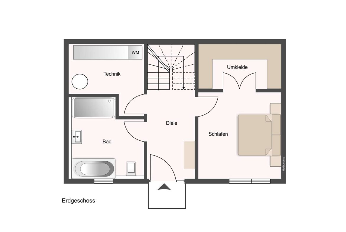Floor plan of the ground floor showing rooms: bathroom, technical room, hallway, bedroom with dressing area, and stairs.