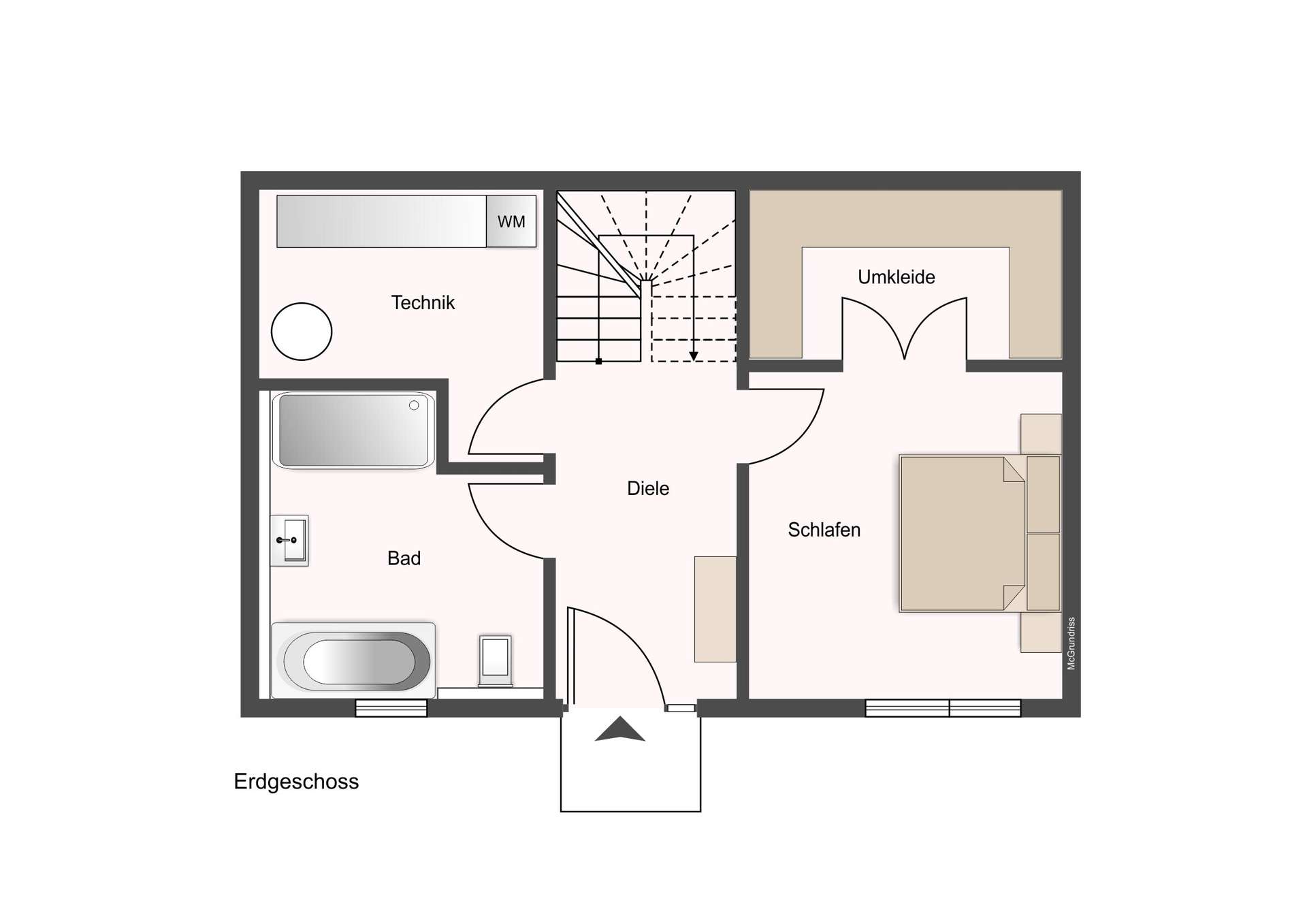 Floor plan of the ground floor showing rooms: bathroom, technical room, hallway, bedroom with dressing area, and stairs.