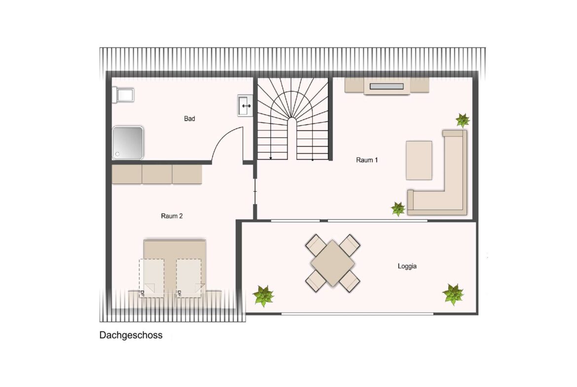 Attic floor plan showing Bad (bathroom), Raum 1, Raum 2, Loggia, and a central staircase