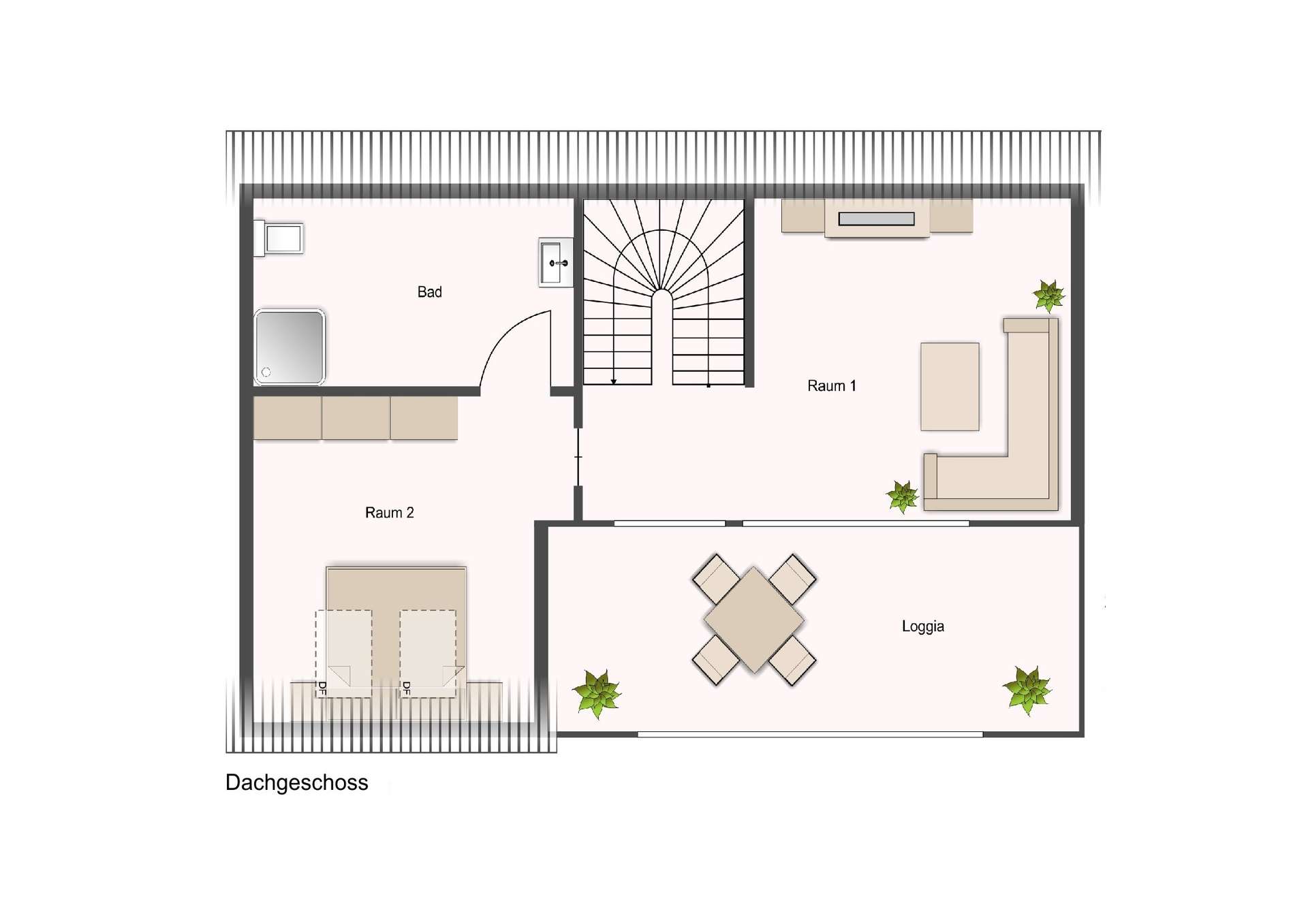 Attic floor plan showing Bad (bathroom), Raum 1, Raum 2, Loggia, and a central staircase