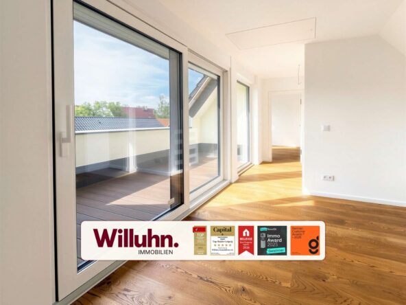 Bright modern living area with large sliding glass doors to a balcony and warm wood floor, with a Willuhn Immobilien banner at the bottom.