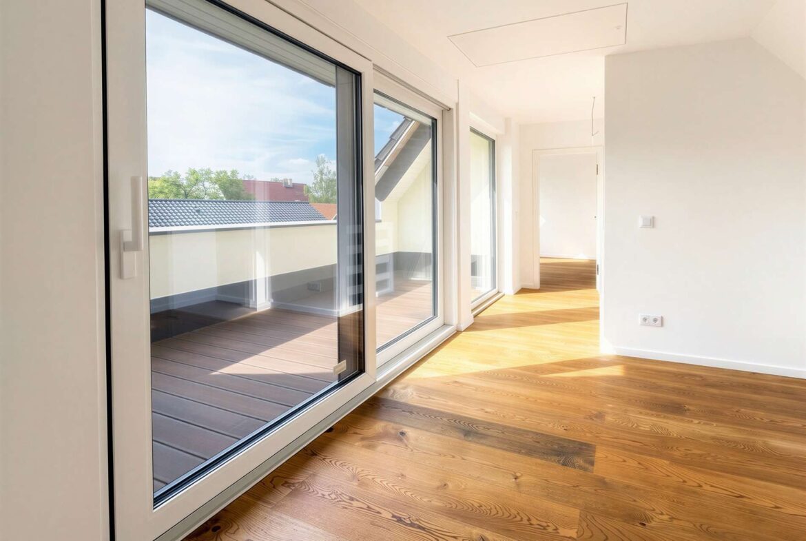 Bright interior room with large sliding glass doors opening to a balcony and a warm wooden floor.