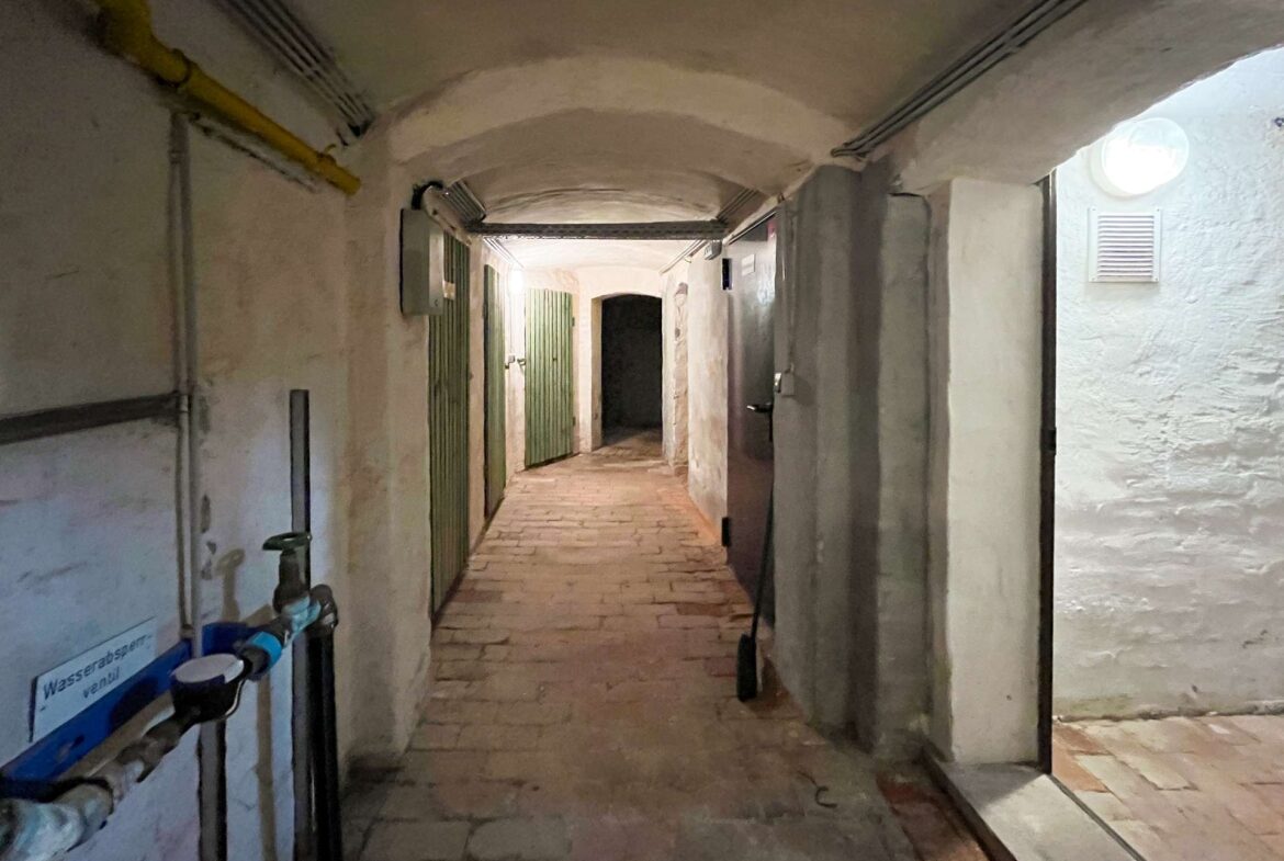 Dimly lit underground corridor with an arched ceiling, stone floor, green metal doors along the left wall, and exposed pipes along the walls; a circular light on the right side wall.