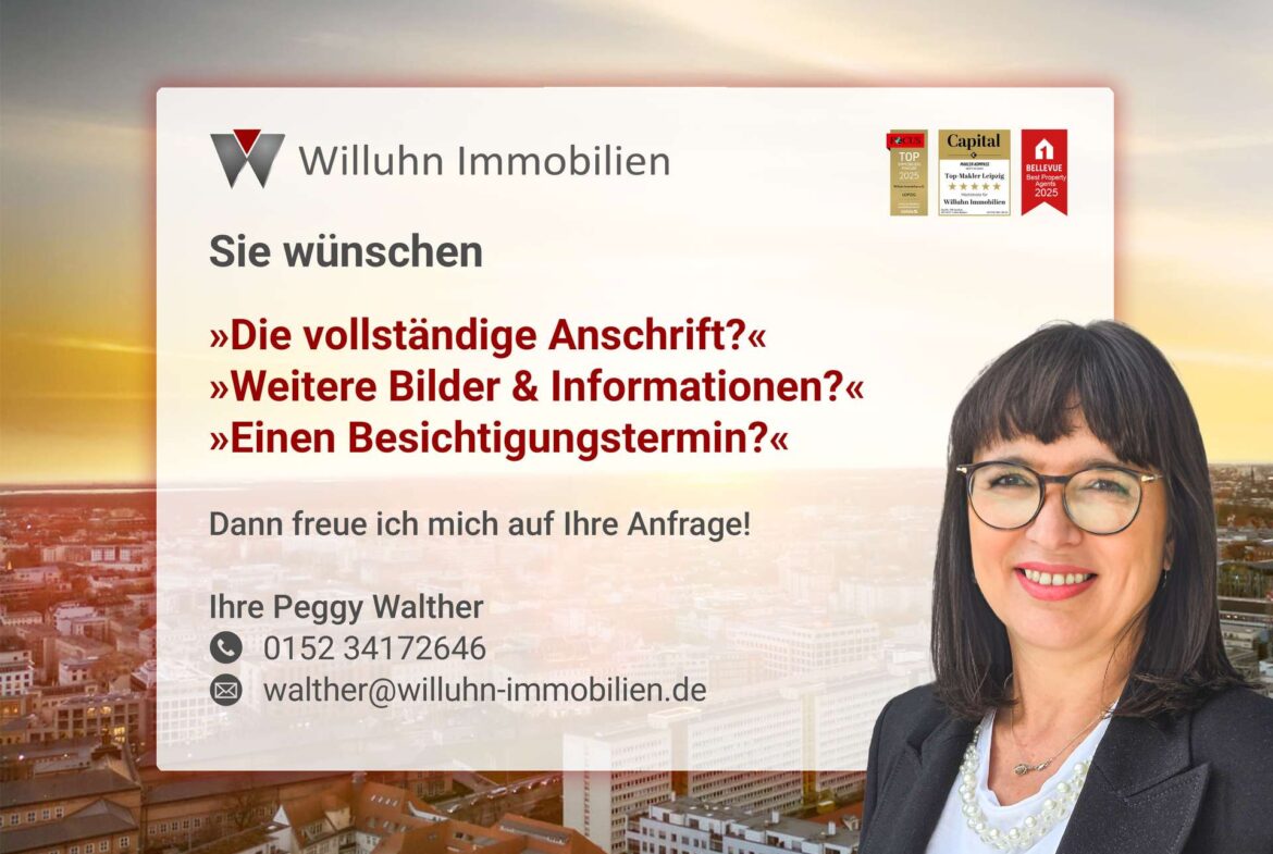 Willuhn Immobilien advertisement over a cityscape, showing a smiling woman on the right and German slogans in a large white panel.
