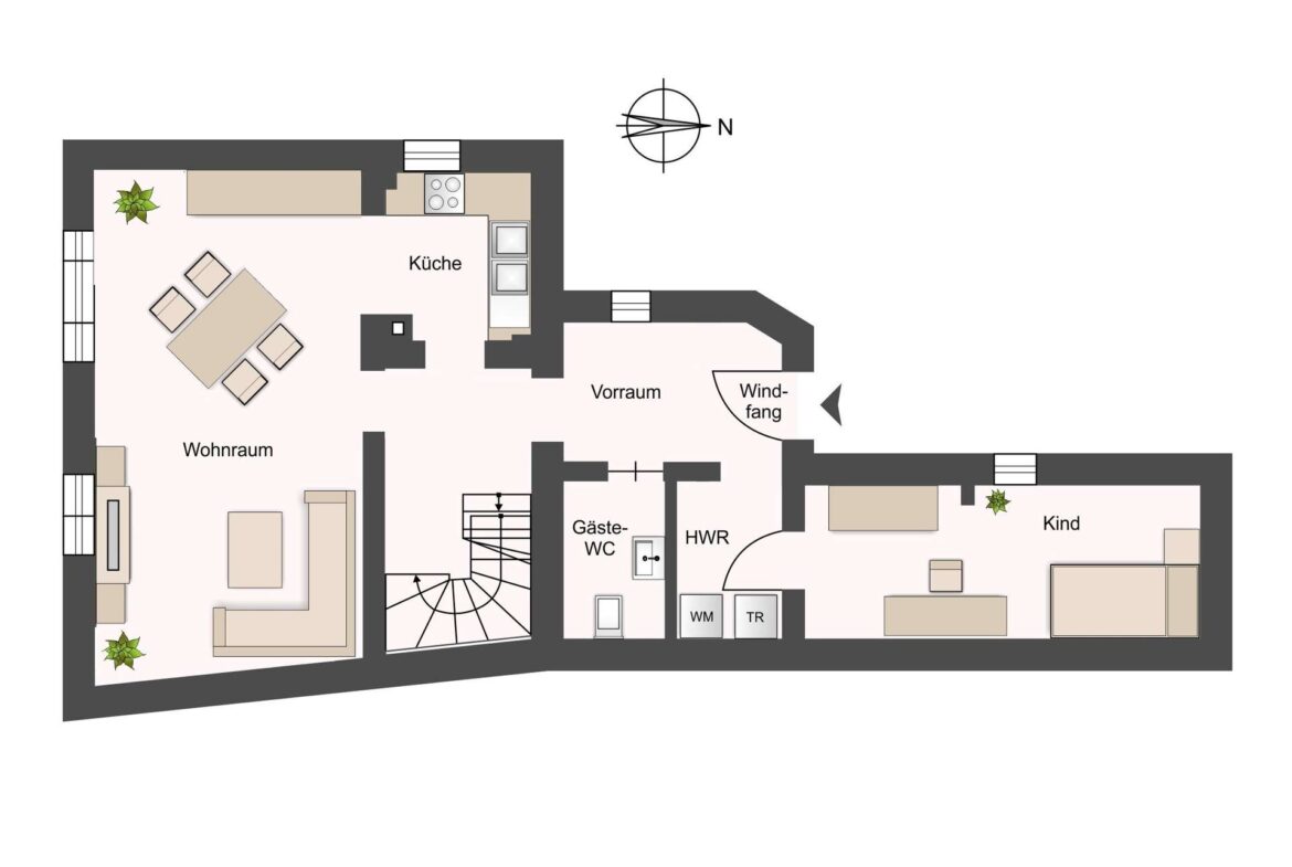 Top-down floor plan of an apartment with labeled rooms: Wohnraum (living room), Küche (kitchen), Vorraum (hall), Gäste-WC, HWR, Windfang (entrance), and Kind (child's room), plus furniture layout and plants. North indicator shown.