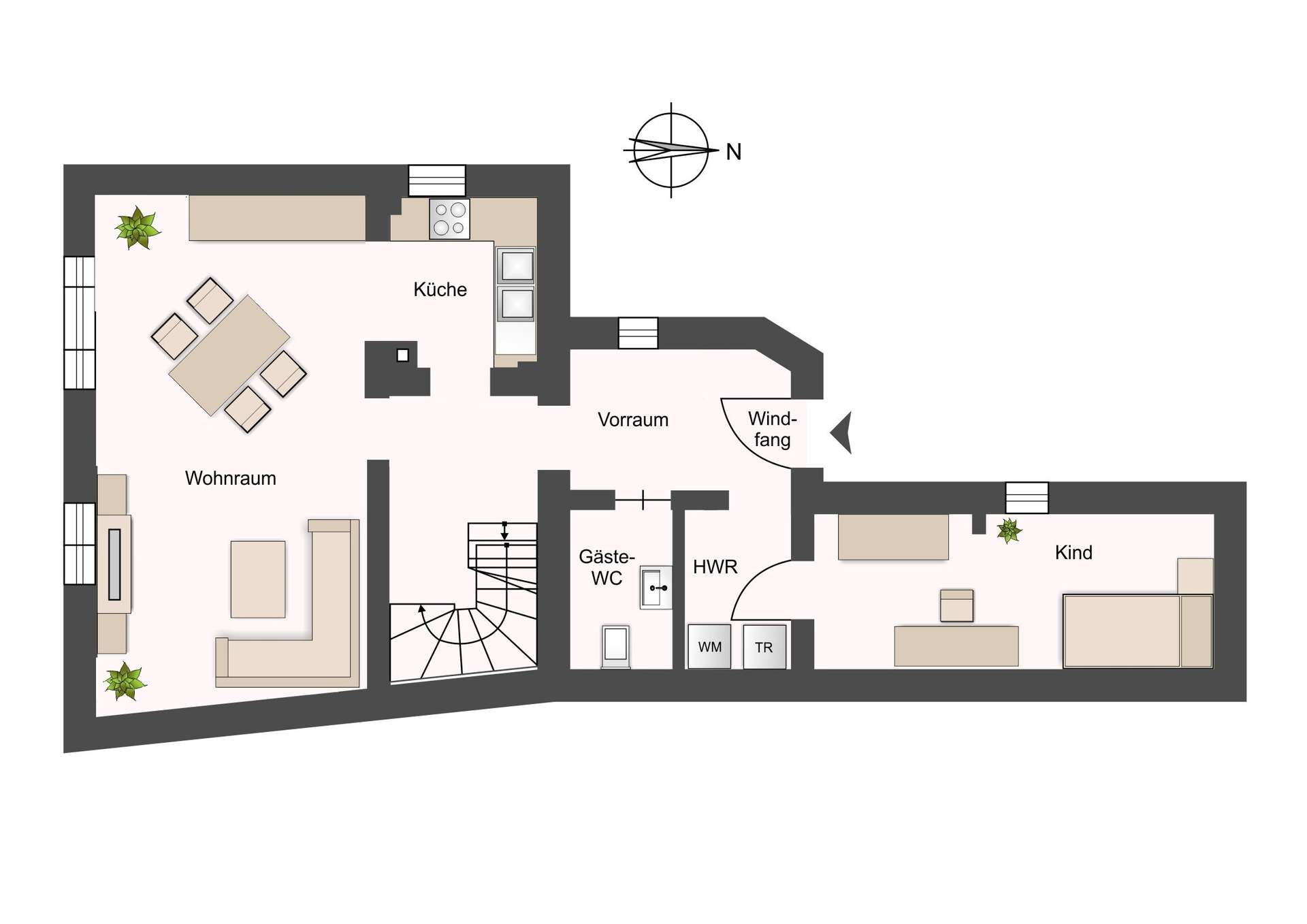Top-down floor plan of an apartment with labeled rooms: Wohnraum (living room), Küche (kitchen), Vorraum (hall), Gäste-WC, HWR, Windfang (entrance), and Kind (child's room), plus furniture layout and plants. North indicator shown.