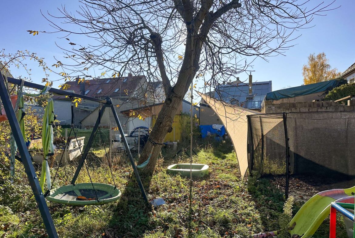 Backyard with a leafless tree, a metal swing set, and a slide under a bright blue sky.