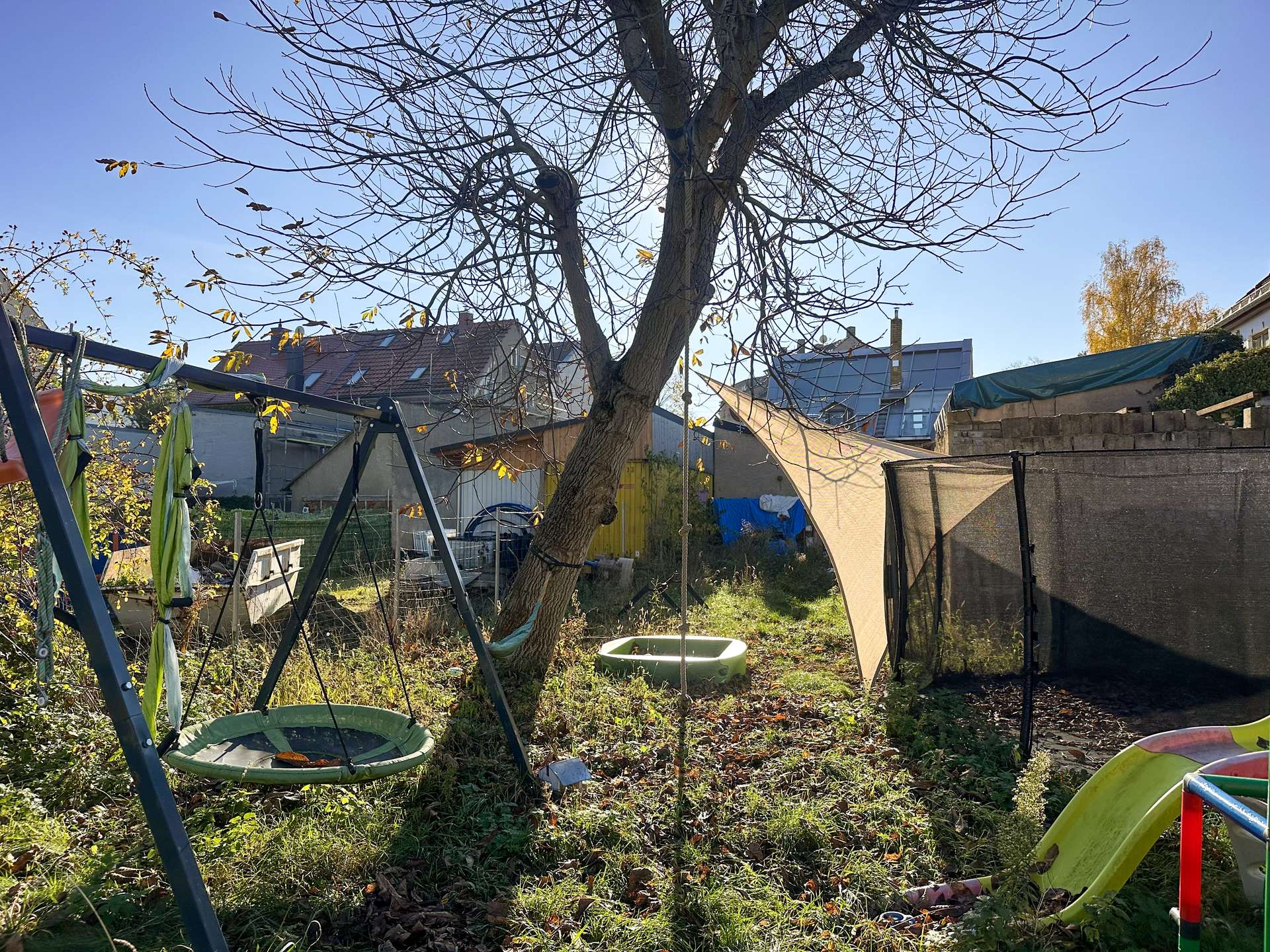 Backyard with a leafless tree, a metal swing set, and a slide under a bright blue sky.