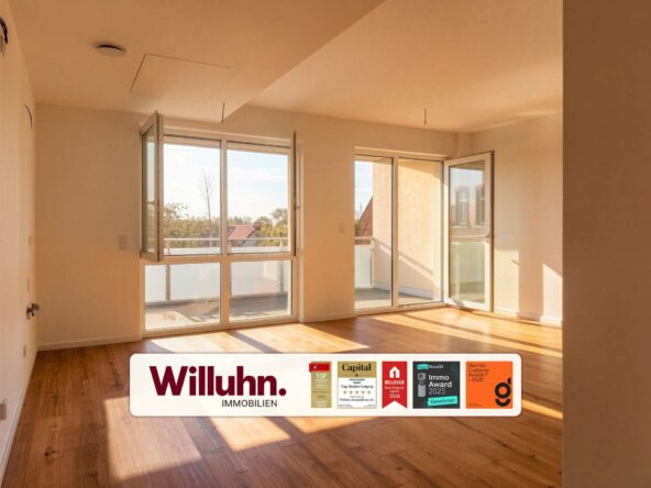 Bright empty living room with large glass doors to a balcony, sunlit wood floors, and an outdoor view.