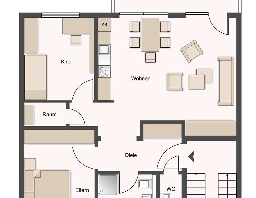 Floor plan of Wohnung 1: living area with kitchen, dining, sofa set; adjacent Eltern bedroom, Kind room, bathroom with tub, separate WC, hallway, and balcony access.
