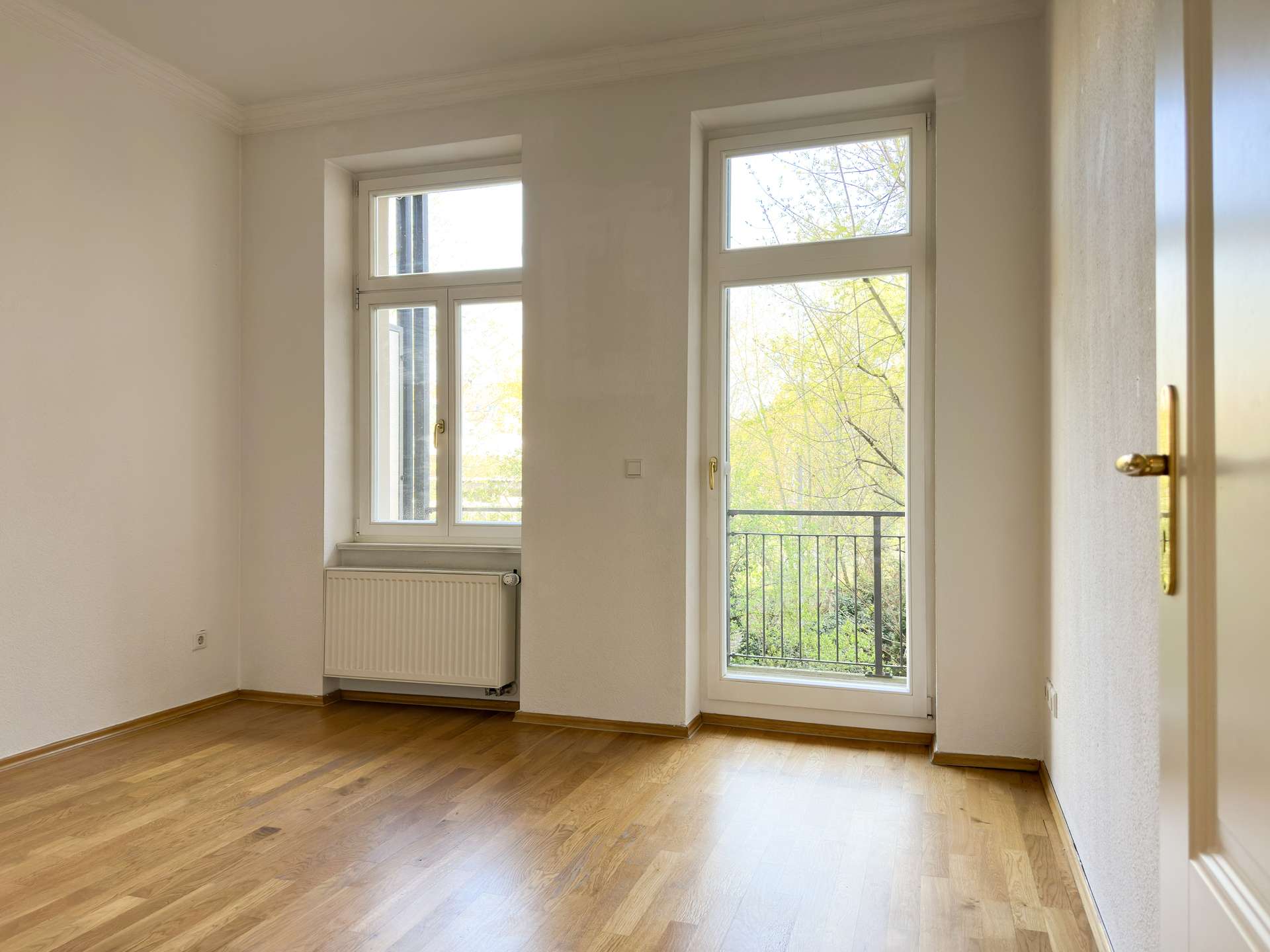 Bright empty room with light wooden floor, white walls, and a tall window overlooking a balcony and trees outside; radiator beneath window.