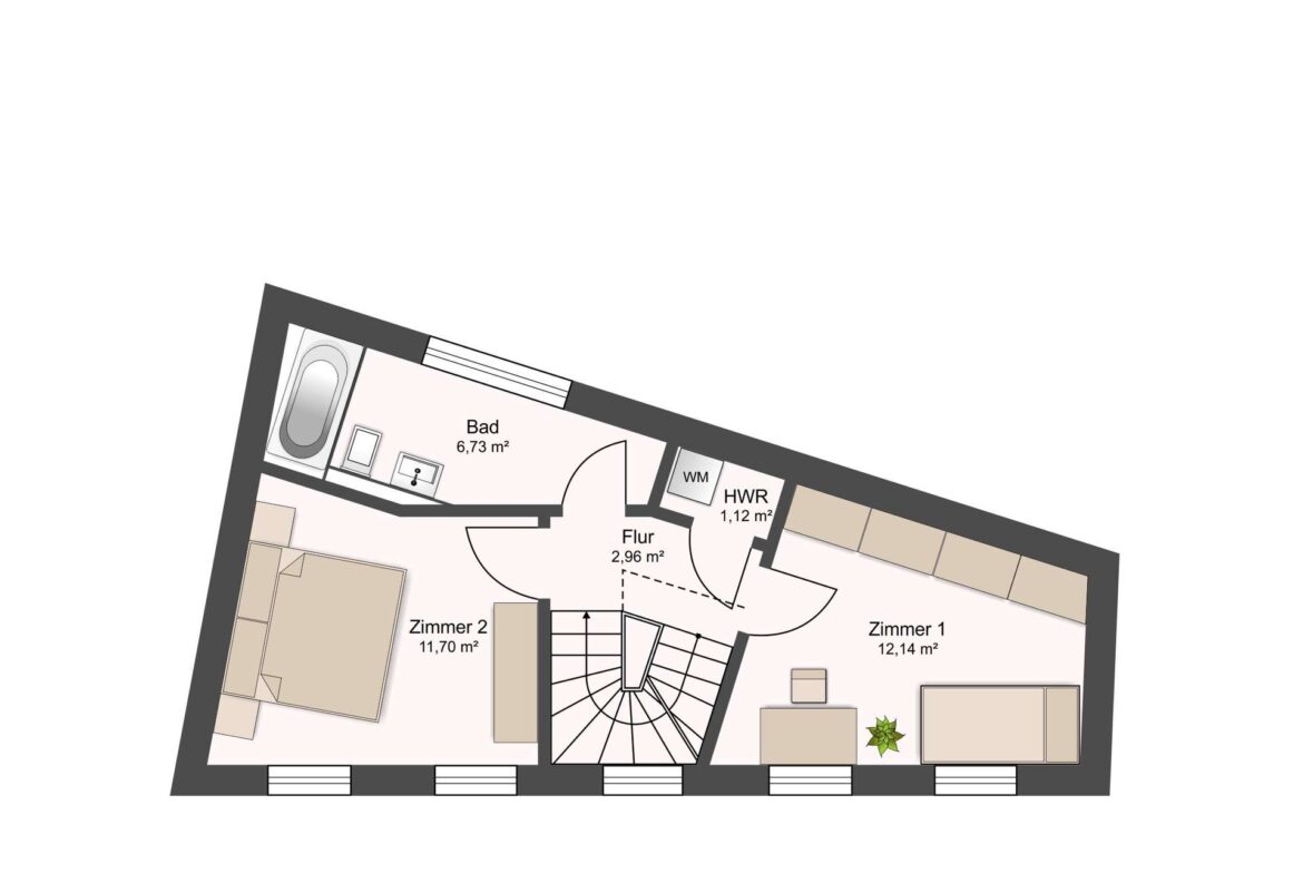 Floor plan of an apartment with two bedrooms (Zimmer 1 and Zimmer 2), bathroom (Bad), hallway (Flur), utility room (HWR) and stairs; includes room sizes in m².
