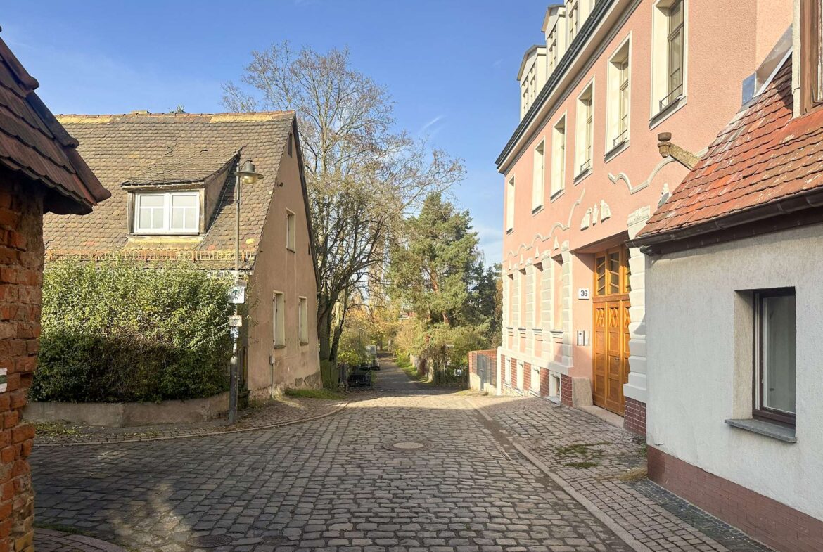 Cobblestone street between beige houses on the left and a pink decorative building on the right under a clear blue sky, in daylight.