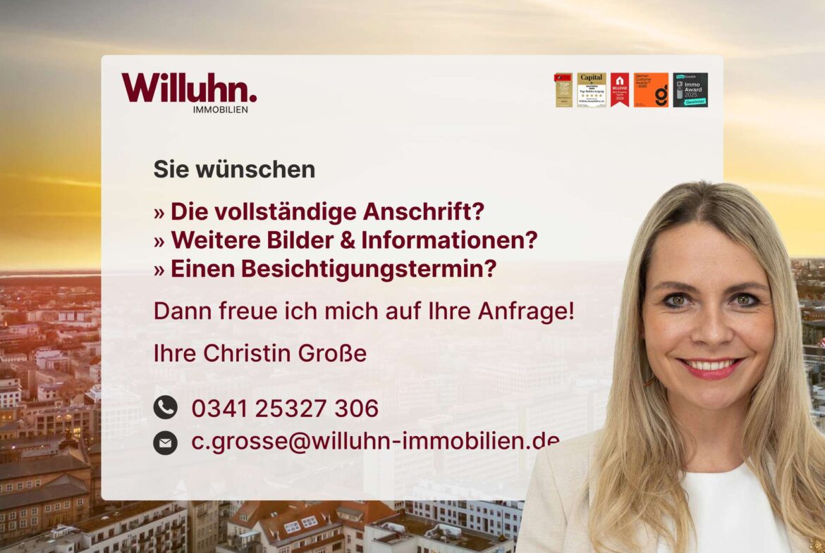 Willuhn Immobilien banner with a smiling woman on the right and large German text about contact and services; city skyline background.