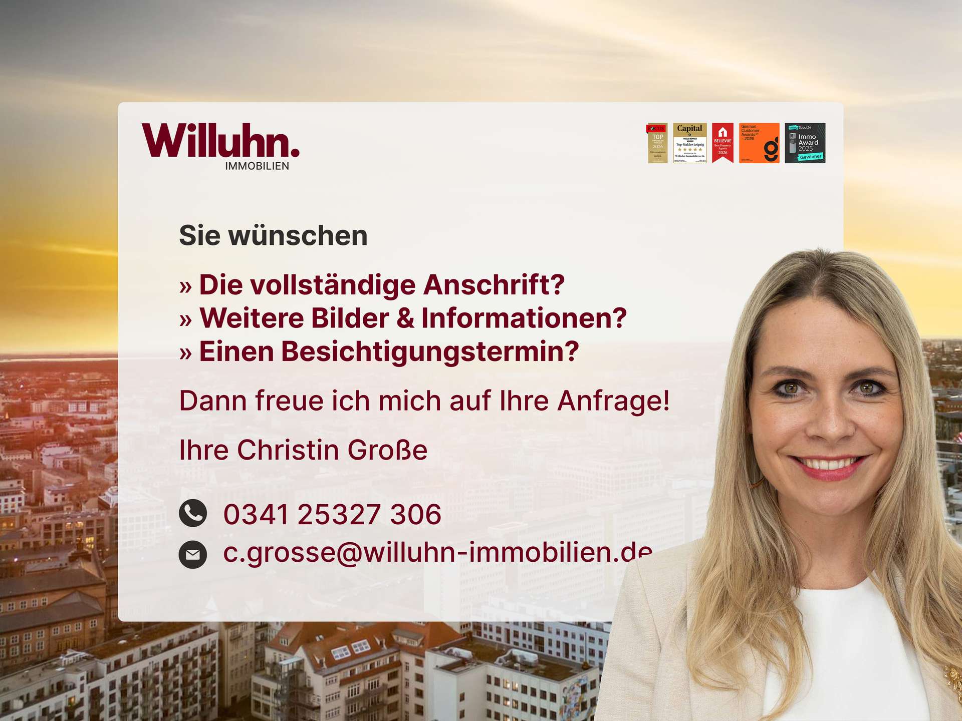 Willuhn Immobilien banner with a smiling woman on the right and large German text about contact and services; city skyline background.