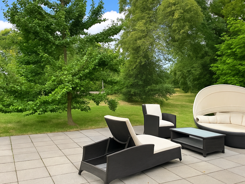 Outdoor patio with black wicker lounge chairs, white cushions, a glass coffee table, and a large curved white outdoor sofa under green trees.