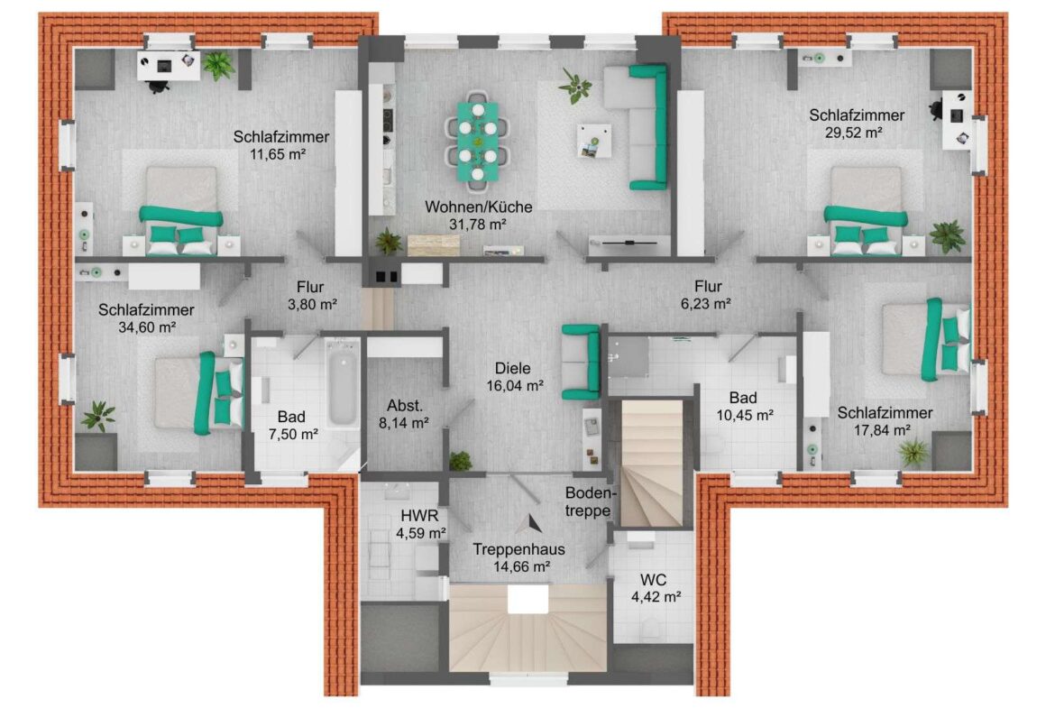 Detailed floor plan of a home showing three bedrooms, a central living/dining/kitchen area, two hallways, two bathrooms, a utility room, and a stairwell.