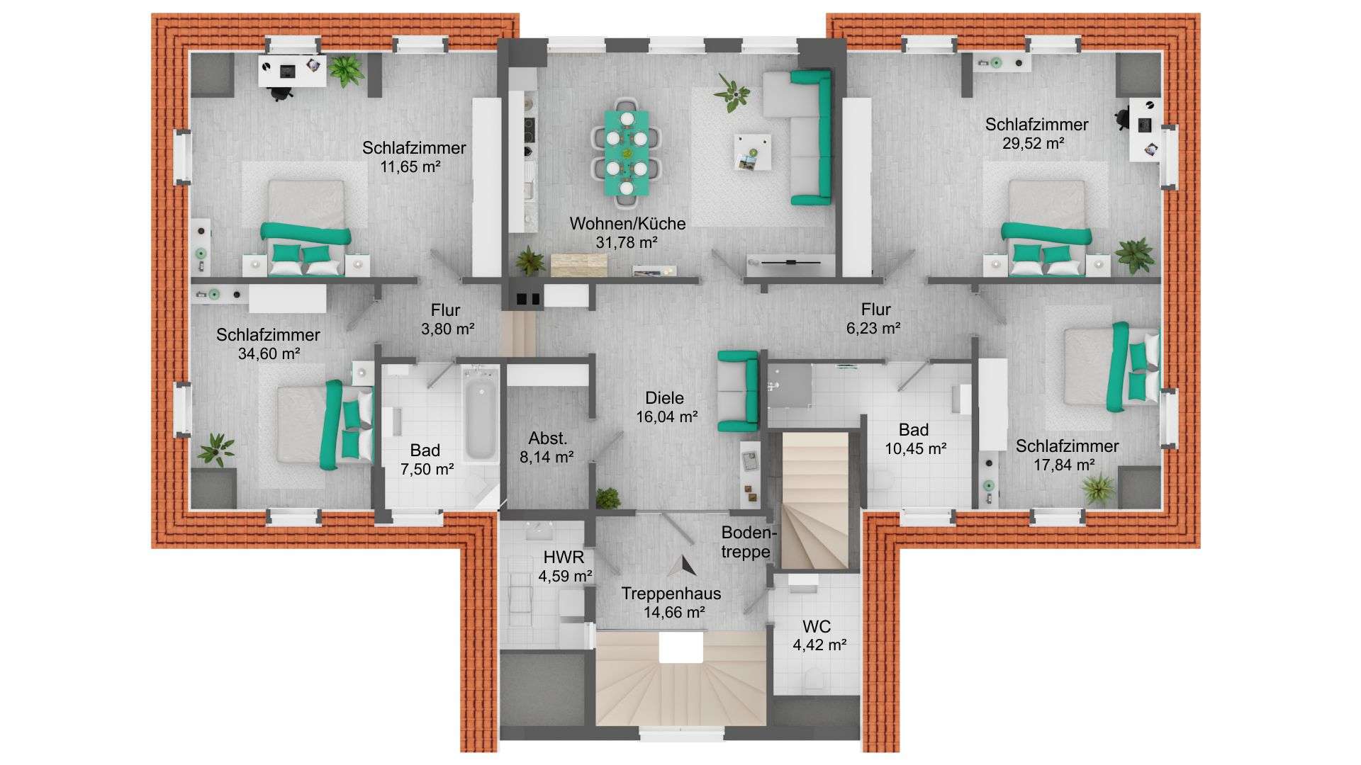 Detailed floor plan of a home showing three bedrooms, a central living/dining/kitchen area, two hallways, two bathrooms, a utility room, and a stairwell.