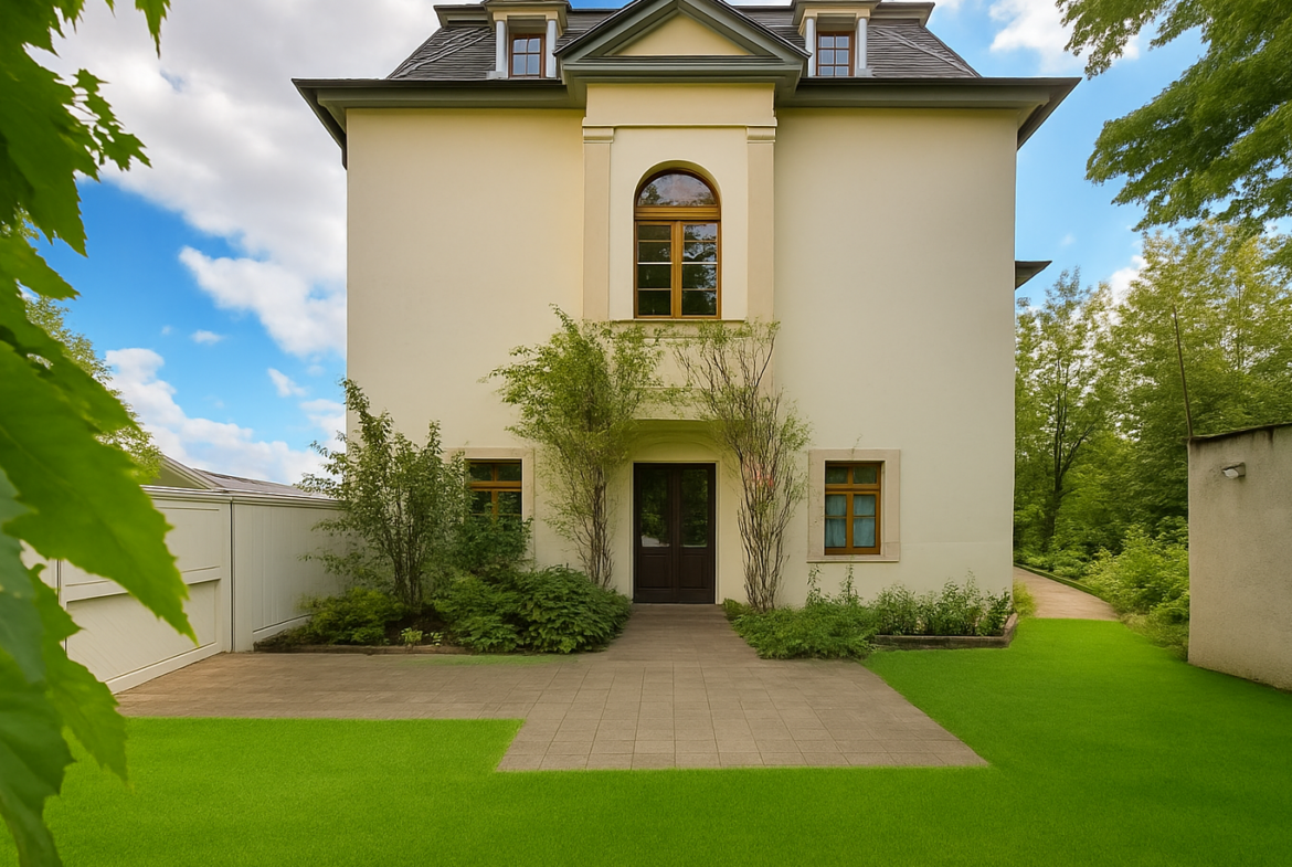 Two-story beige villa with arched window above the front door and a manicured lawn, shrubs, and a paved entry path.