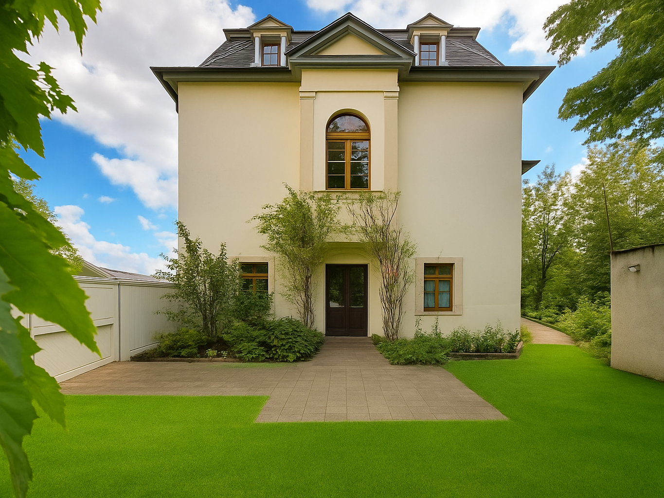 Two-story beige villa with arched window above the front door and a manicured lawn, shrubs, and a paved entry path.