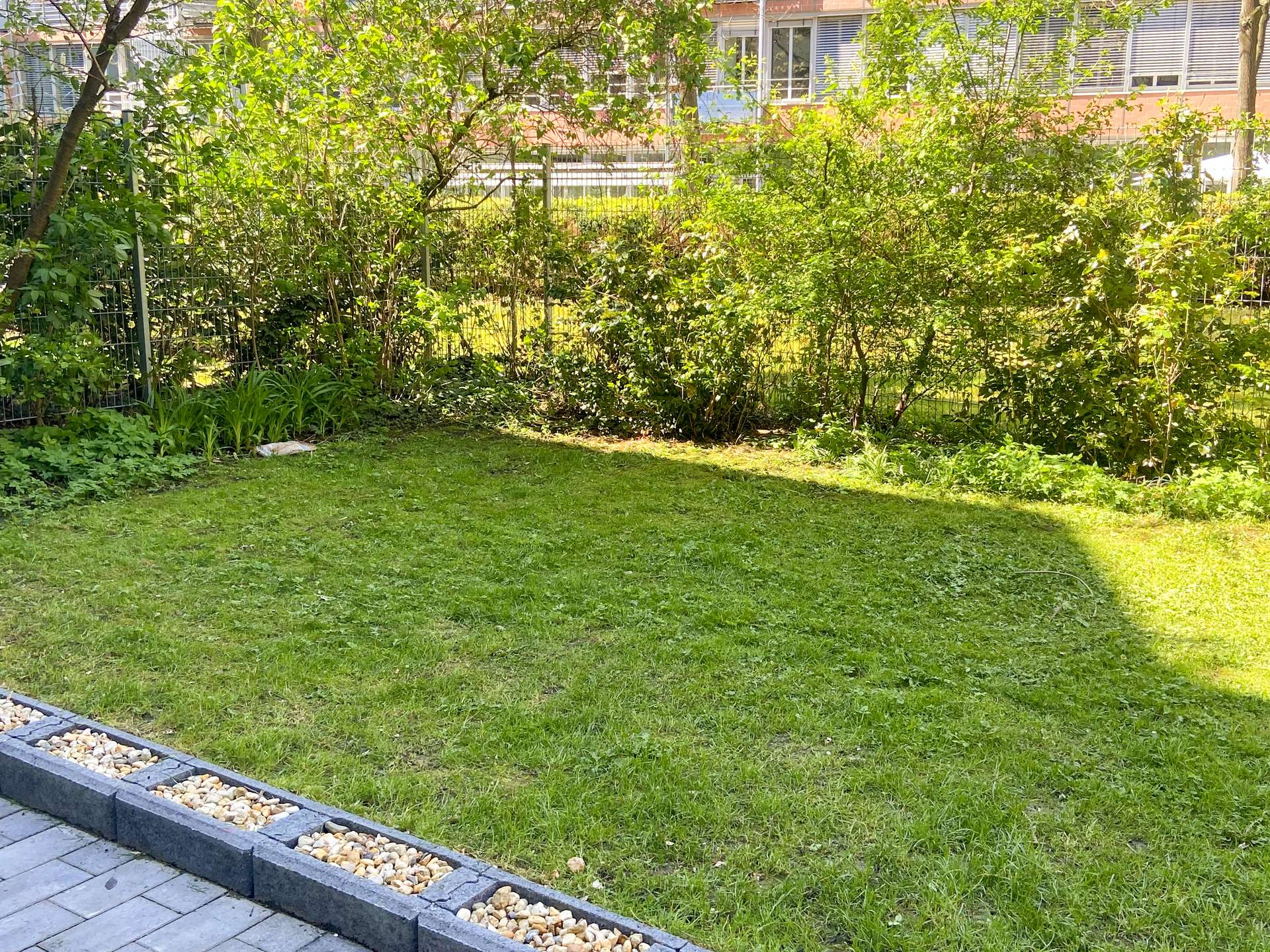 Green lawn with a dense hedge and metal fence behind, edge bordered by pebble-filled planters along a paved walkway.