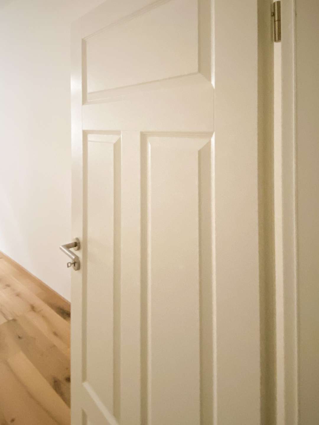 White paneled interior door partially open in a bright hallway with light wood flooring and a silver handle.