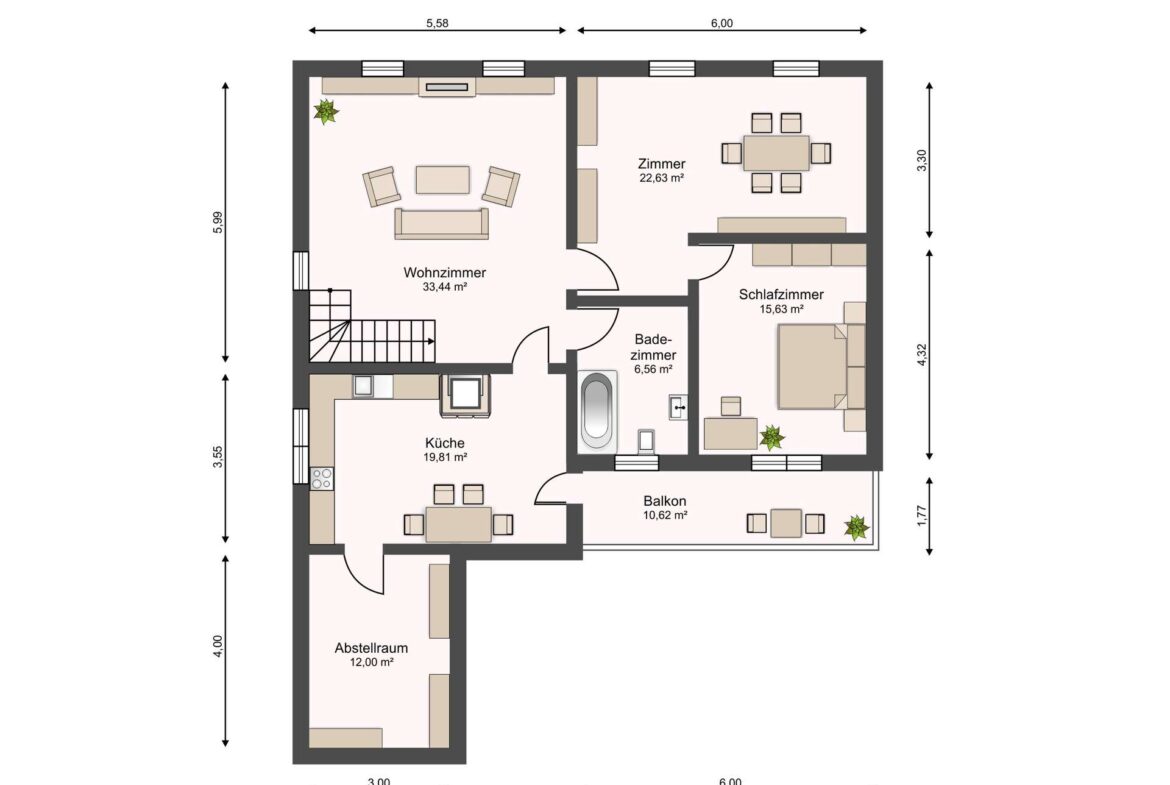 Floor plan of an apartment showing living room on the left, connected to entry hall and kitchen downstairs, with a storeroom below; to the right are a dining room and two bedrooms and a bathroom, plus a balcony accessible from the living area.