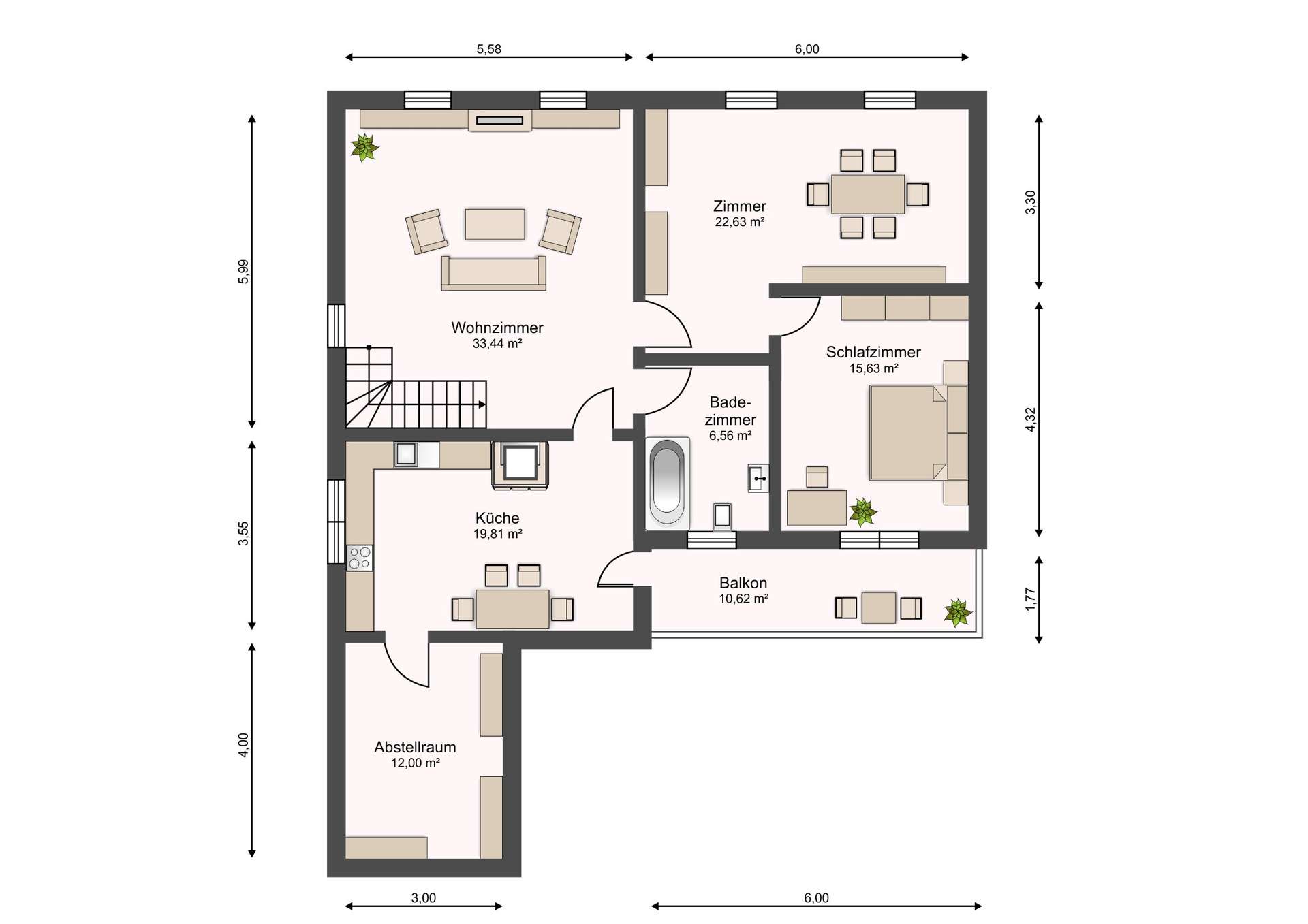 Floor plan of an apartment showing living room on the left, connected to entry hall and kitchen downstairs, with a storeroom below; to the right are a dining room and two bedrooms and a bathroom, plus a balcony accessible from the living area.