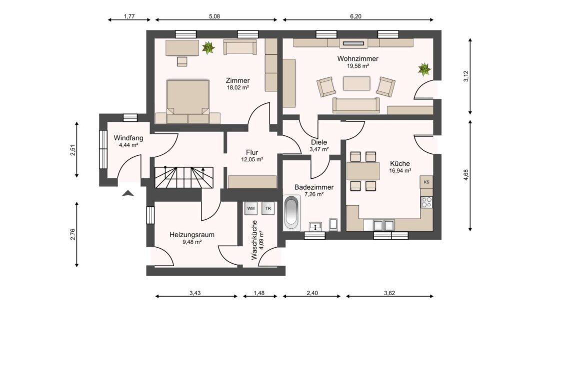 Floor plan of a house showing entry Windfang, hallway Flur, and rooms Zimmer, Wohnzimmer, Küche, Badezimmer, Waschküche, Heizungskraum with labeled dimensions.