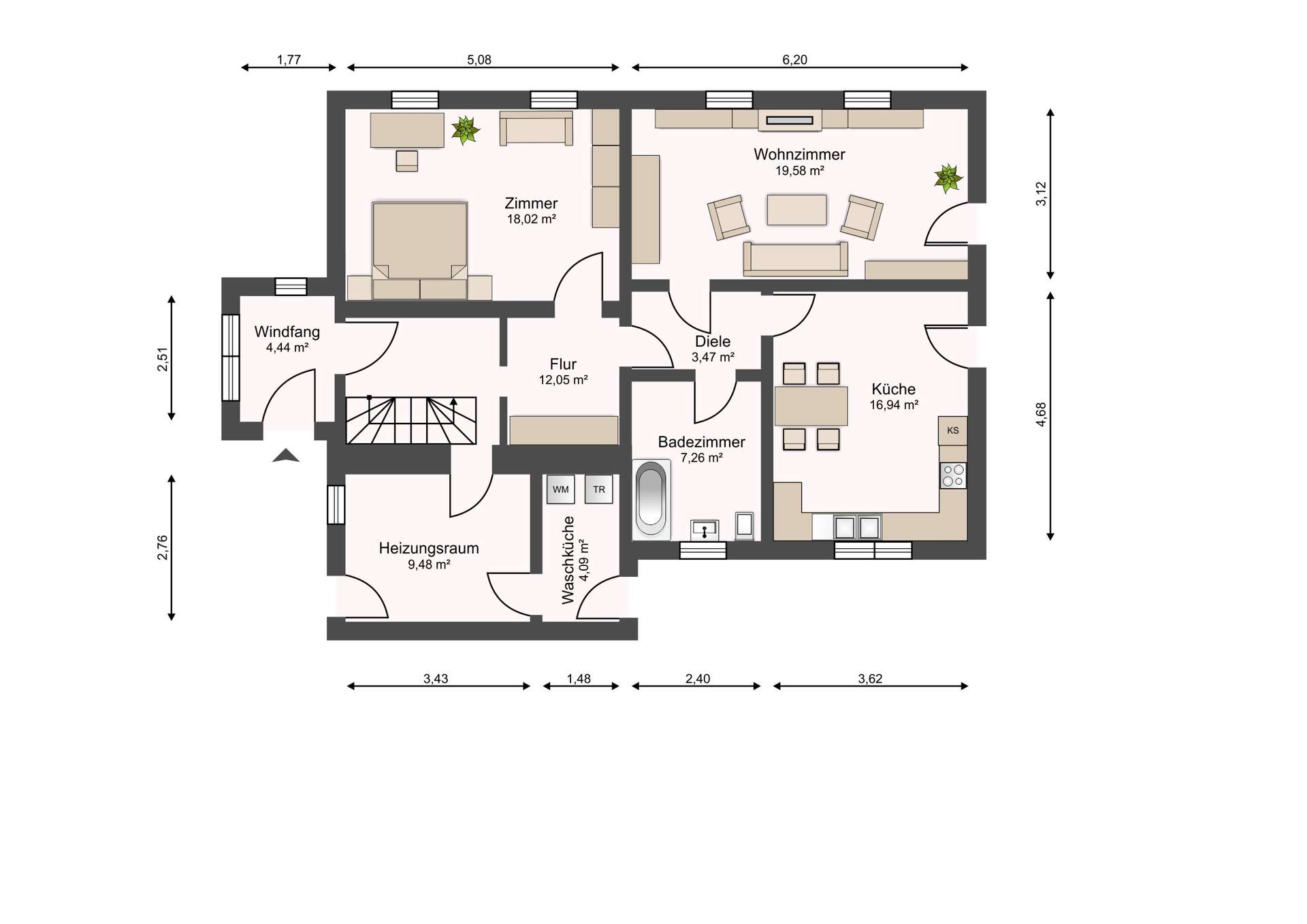 Floor plan of a house showing entry Windfang, hallway Flur, and rooms Zimmer, Wohnzimmer, Küche, Badezimmer, Waschküche, Heizungskraum with labeled dimensions.