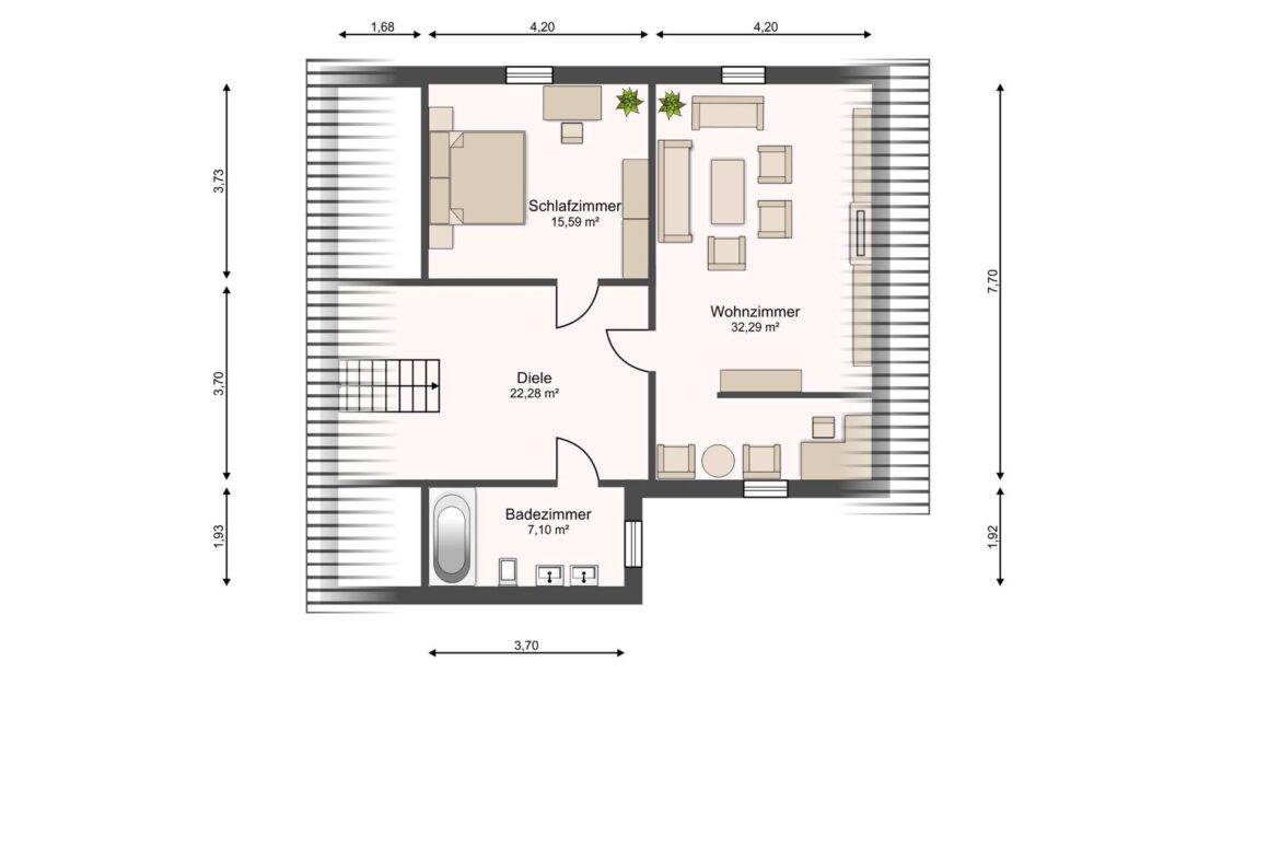 Floor plan of an apartment: Diele (hallway) leading to a Schlafzimmer (bedroom) and Wohnzimmer (living room); Badezimmer (bathroom) downstairs corner; furniture outlines shown.