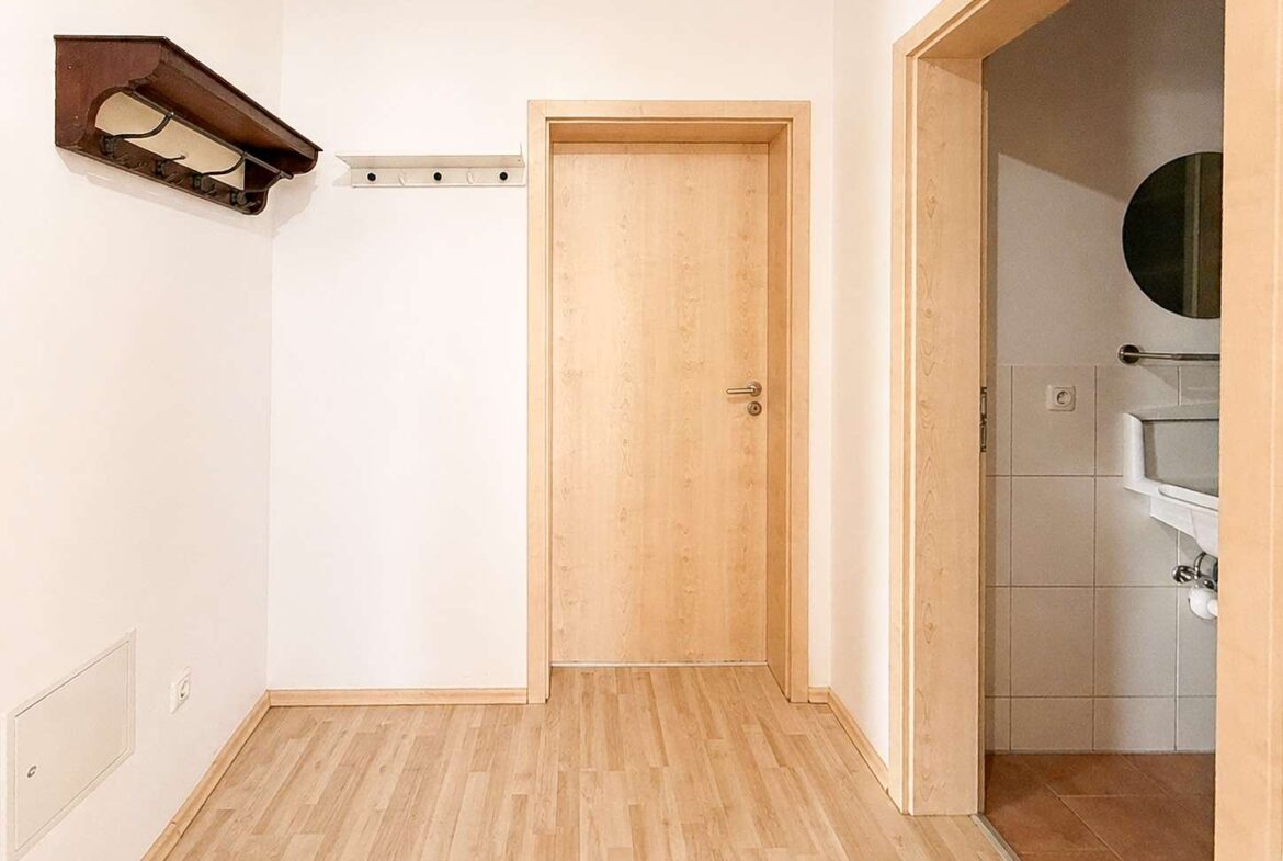Hallway with light wood floor, two wooden doors, left wall coat rack, and open bathroom door on the right.