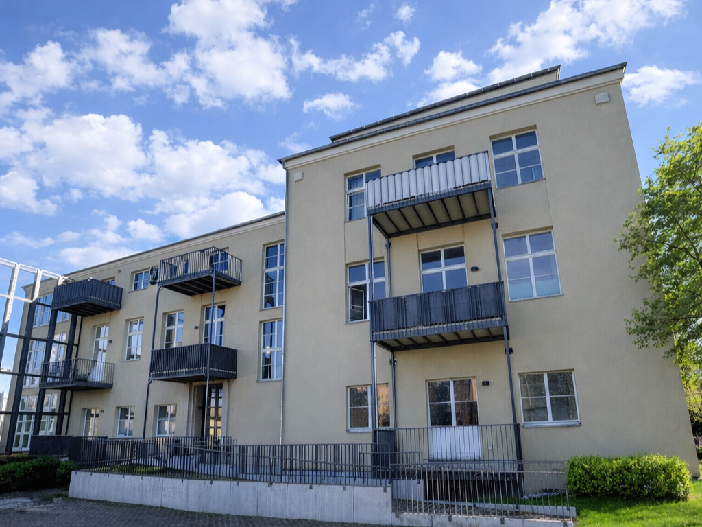 Three-story beige apartment building with metal balconies and a blue sky above, street-level railing in front.