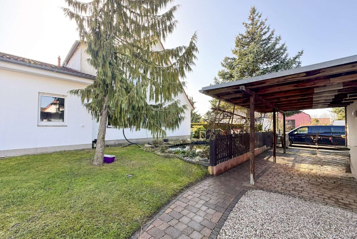White house with a large evergreen tree in the front yard, window visible on the wall, and a wooden carport on the right with a parked blue van nearby