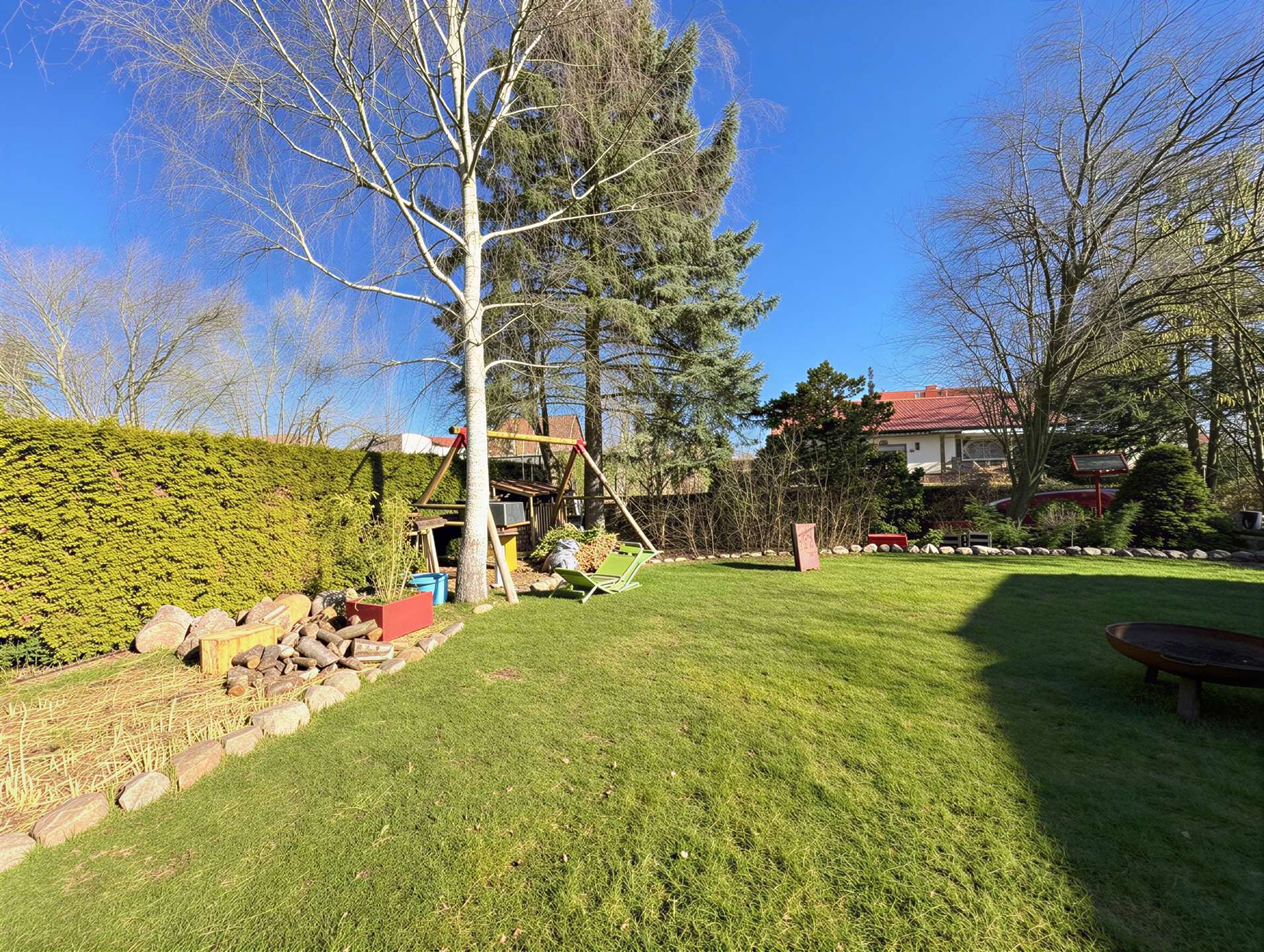 Sunny backyard with a manicured green lawn, leafless trees, and a tall evergreen; a wooden swing set sits near the hedge and stone borders.