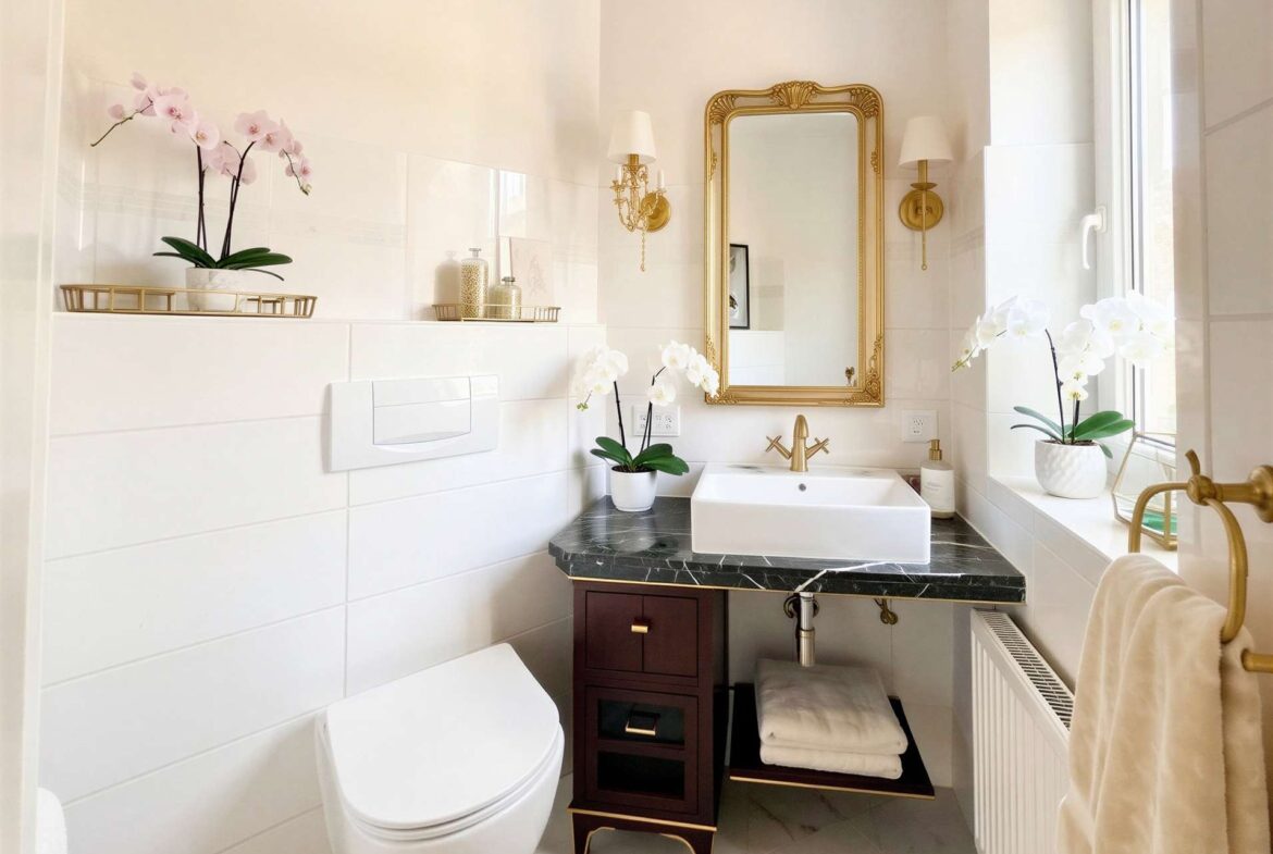 Elegant white bathroom with a gold-framed mirror, white sink, and dark marble countertop topped with potted orchids and gold accents