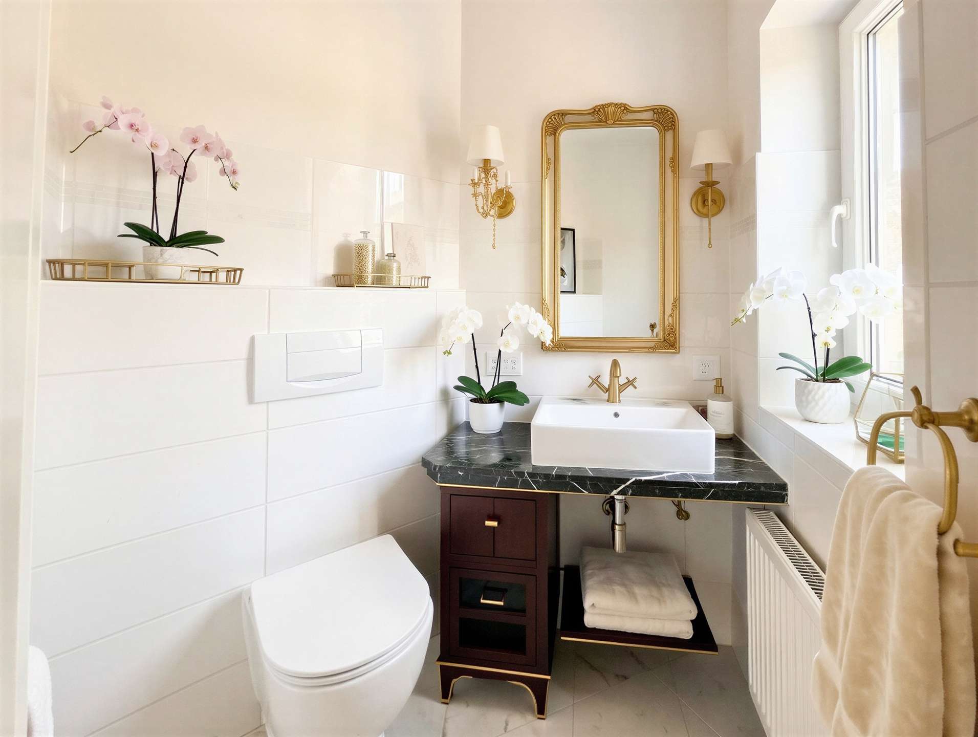 Elegant white bathroom with a gold-framed mirror, white sink, and dark marble countertop topped with potted orchids and gold accents