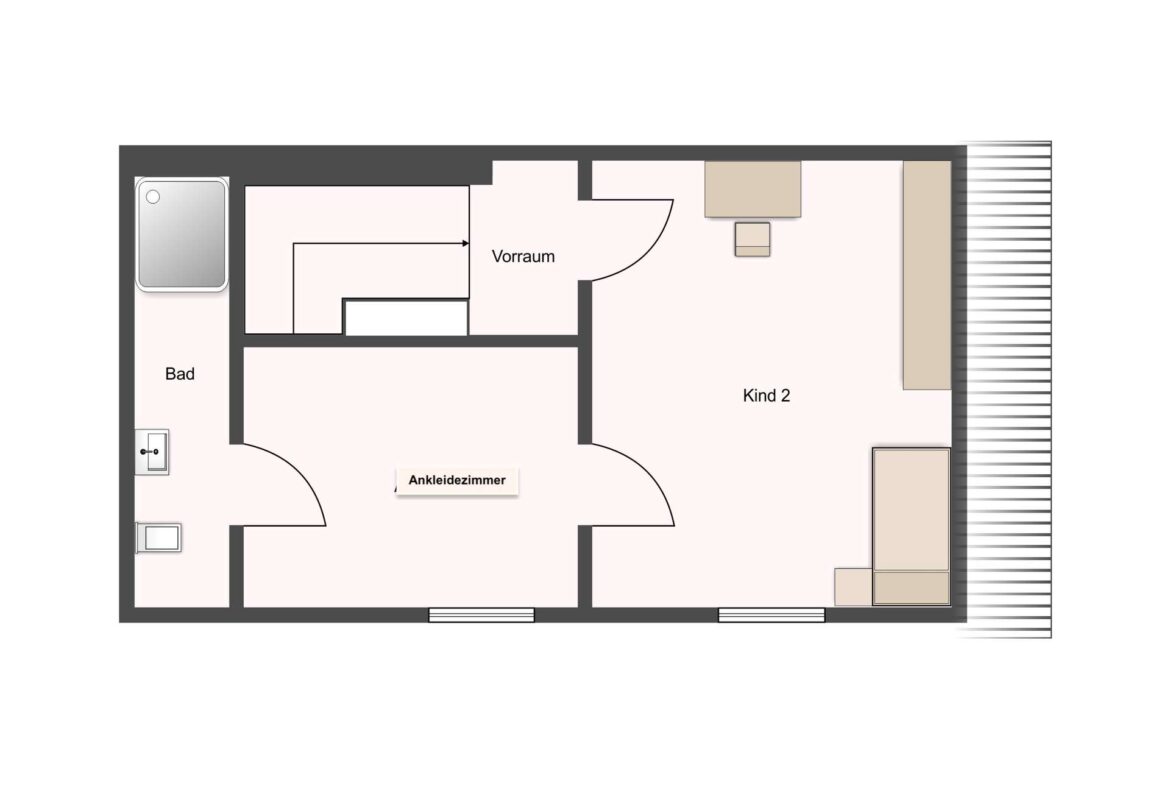 Top-down floor plan of an apartment: Bad (bathroom) on the left, Vorraum in the center, Ankleidezimmer at the bottom, and Kind 2 to the right with a desk and seating; balcony along the right edge.