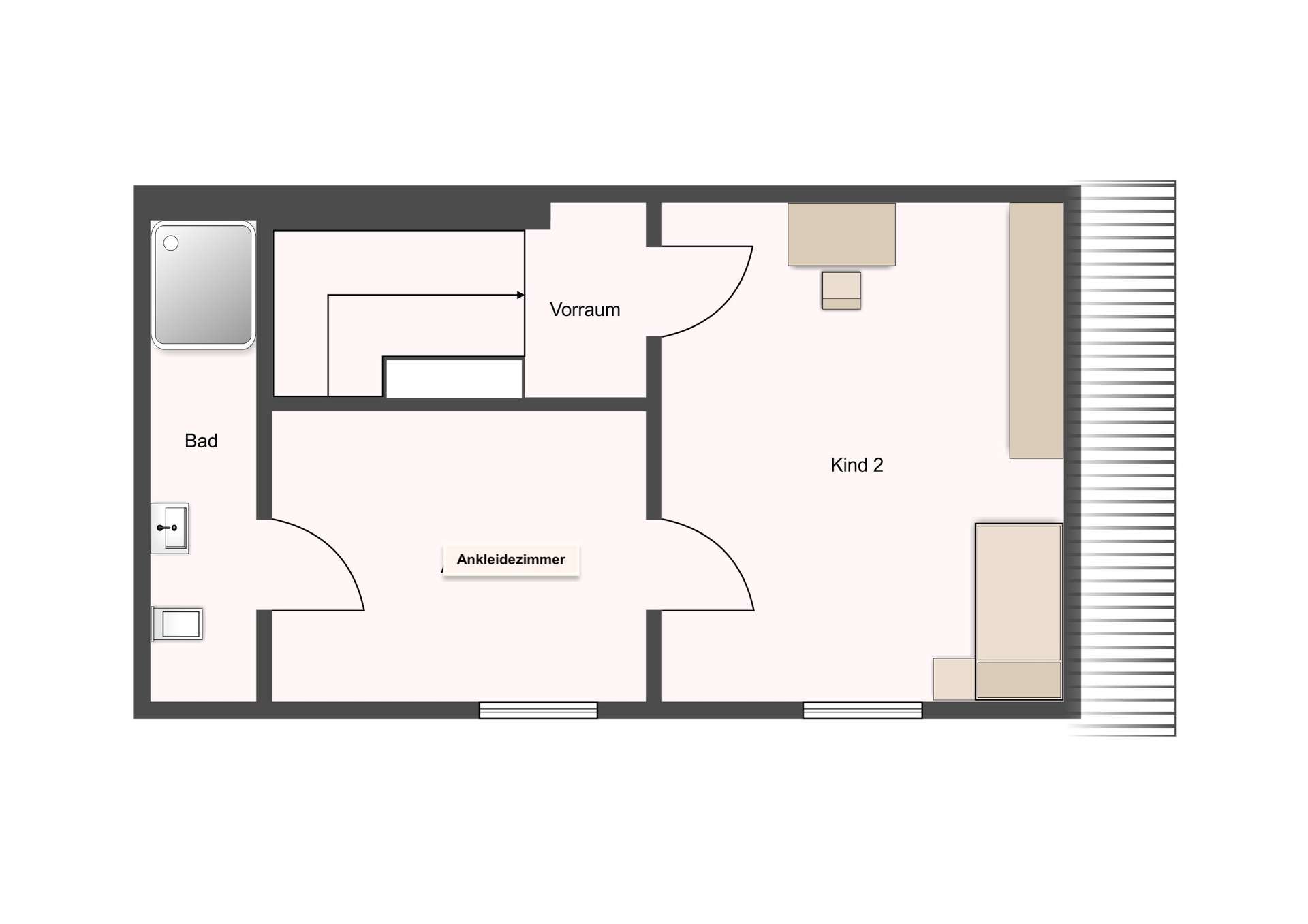 Top-down floor plan of an apartment: Bad (bathroom) on the left, Vorraum in the center, Ankleidezimmer at the bottom, and Kind 2 to the right with a desk and seating; balcony along the right edge.
