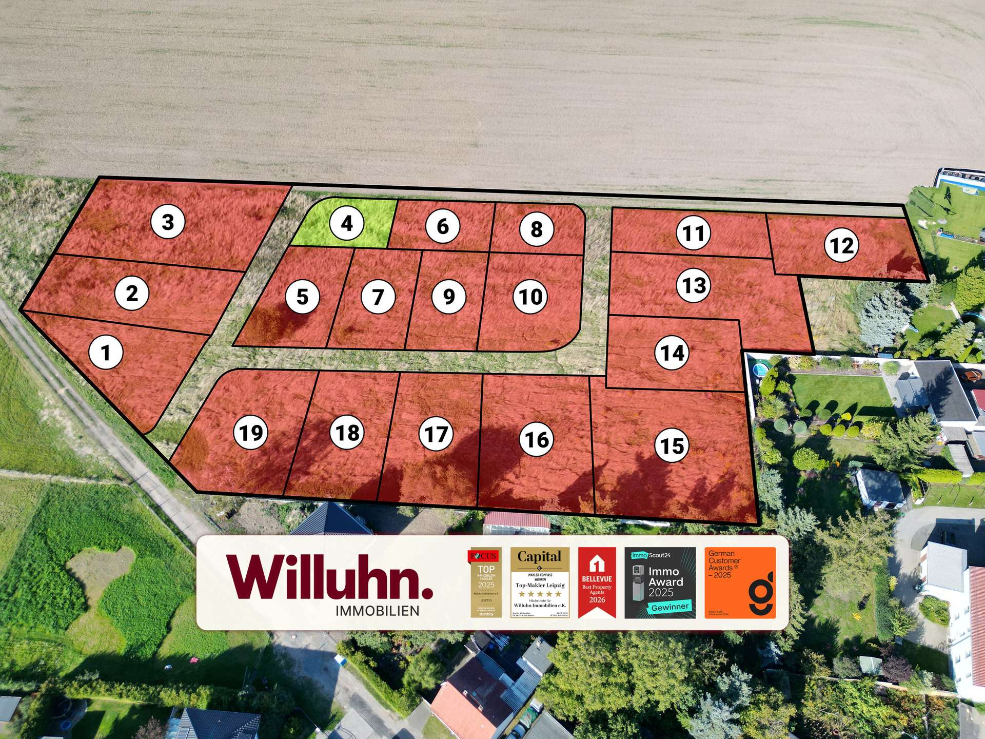 Aerial view of a housing development with red-outlined parcels numbered 1–19; lot 4 is highlighted in green.